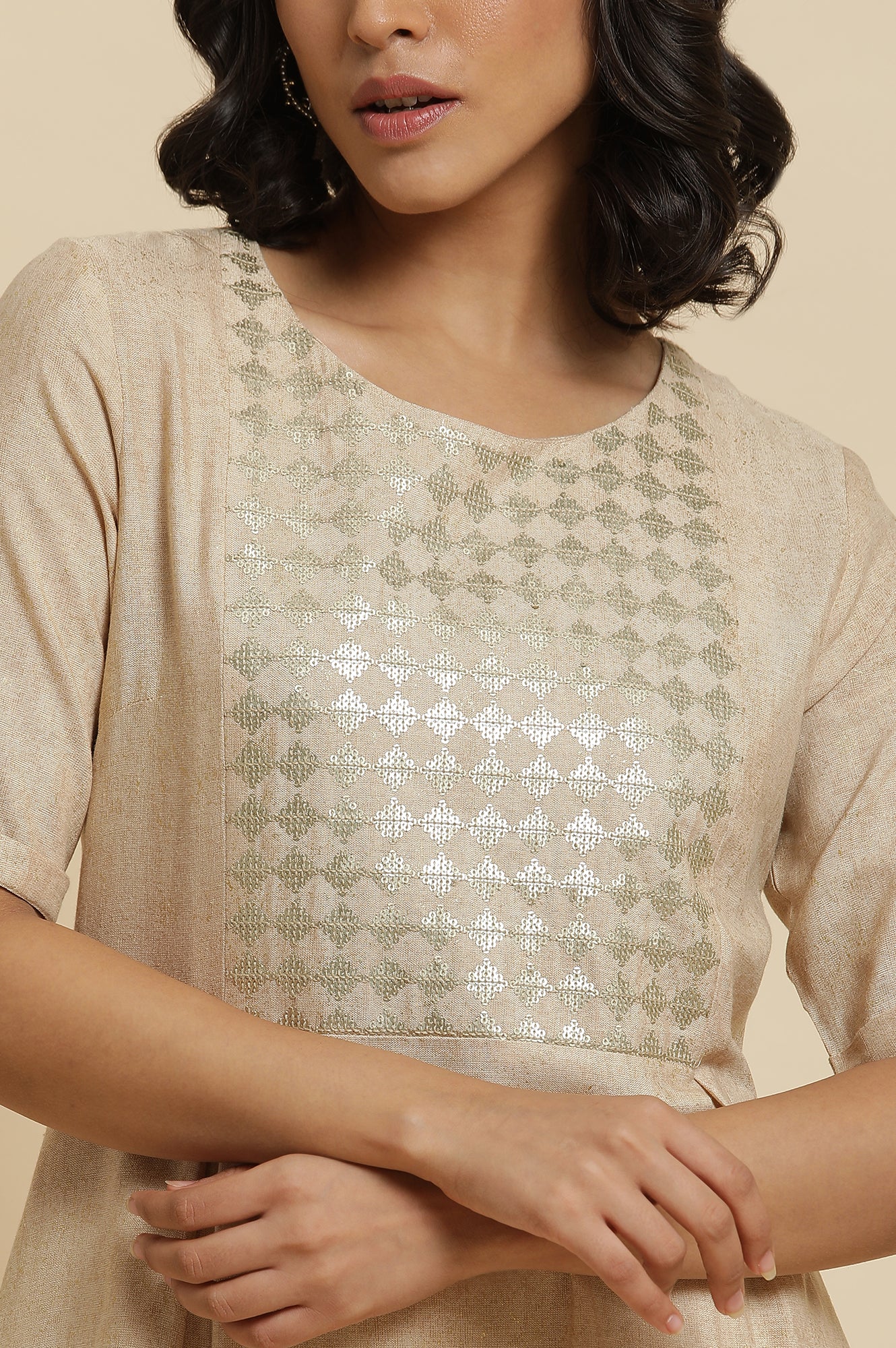 Almond Beige Sequin A-Line Kurta & Pants Set - Image 6