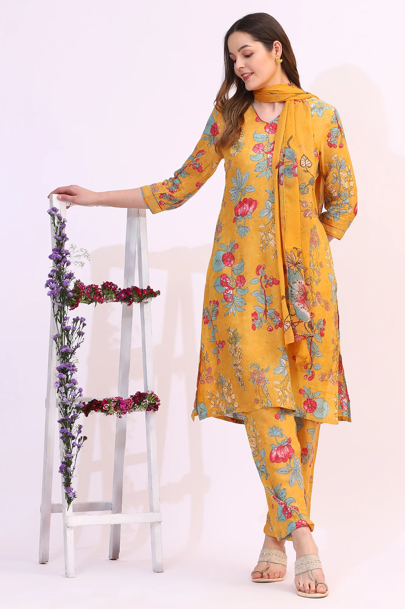 Amber Yellow Floral Printed Modal Straight Kurta, Pants and Dupatta Set - Image 2