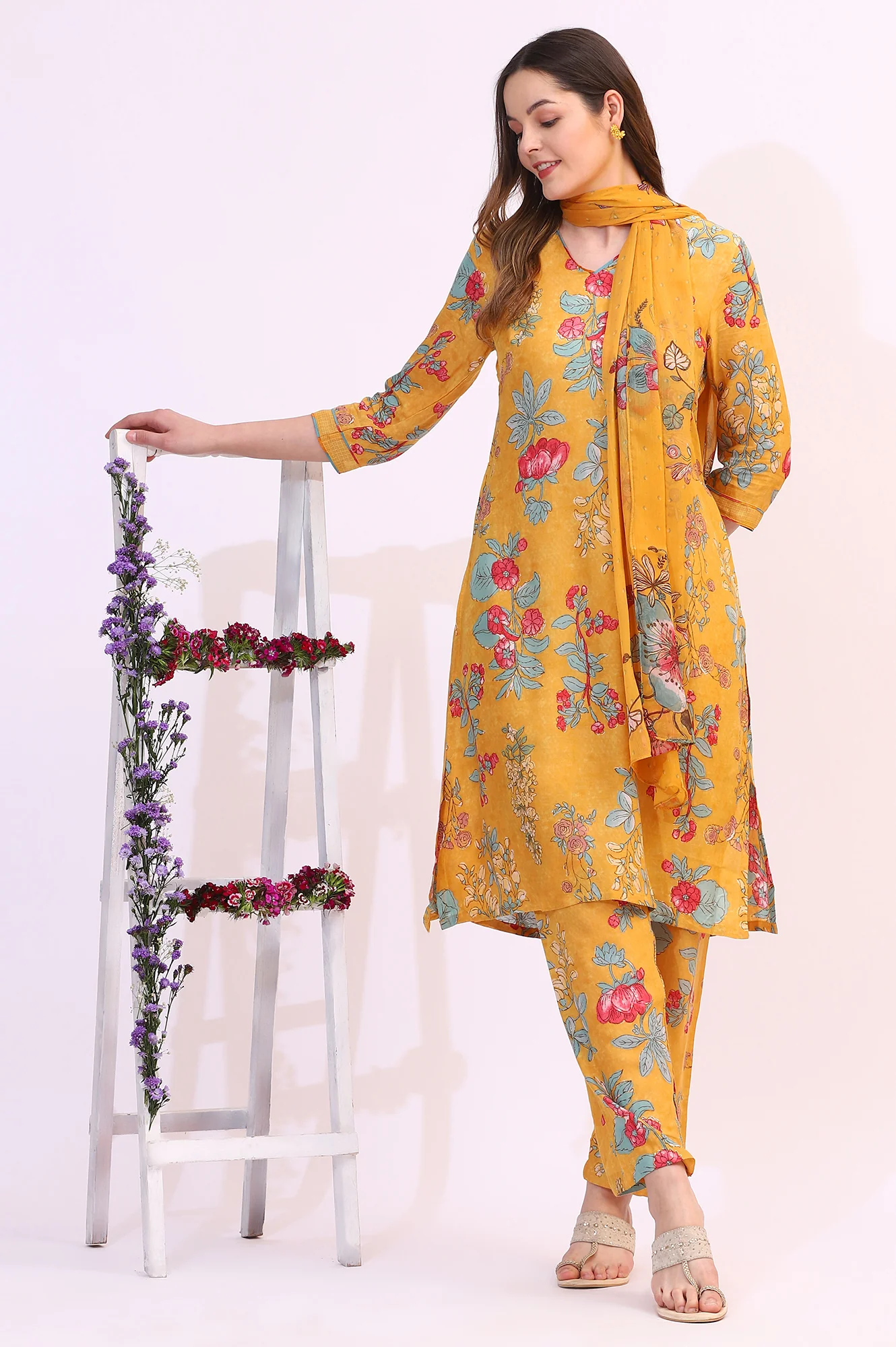 Amber Yellow Floral Printed Modal Straight Kurta, Pants and Dupatta Set - Image 3