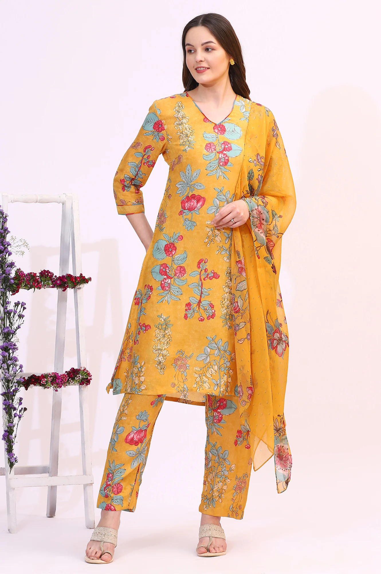 Amber Yellow Floral Printed Modal Straight Kurta, Pants and Dupatta Set - Image 4