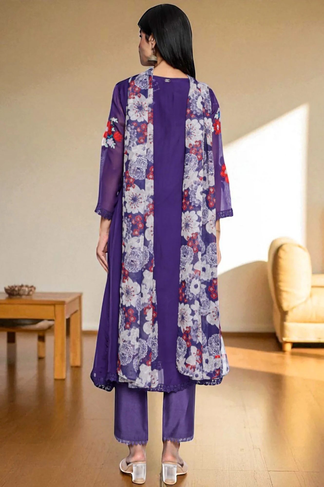 Amesthyst Purple Solid Printed Organza A-Line Kurta, Straight Pant and Dupatta Set - Image 4