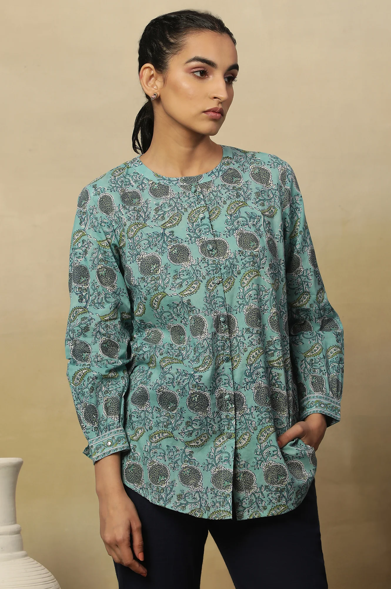 Aqua Blue Block Print Top With Gathered Sleeves - Image 4