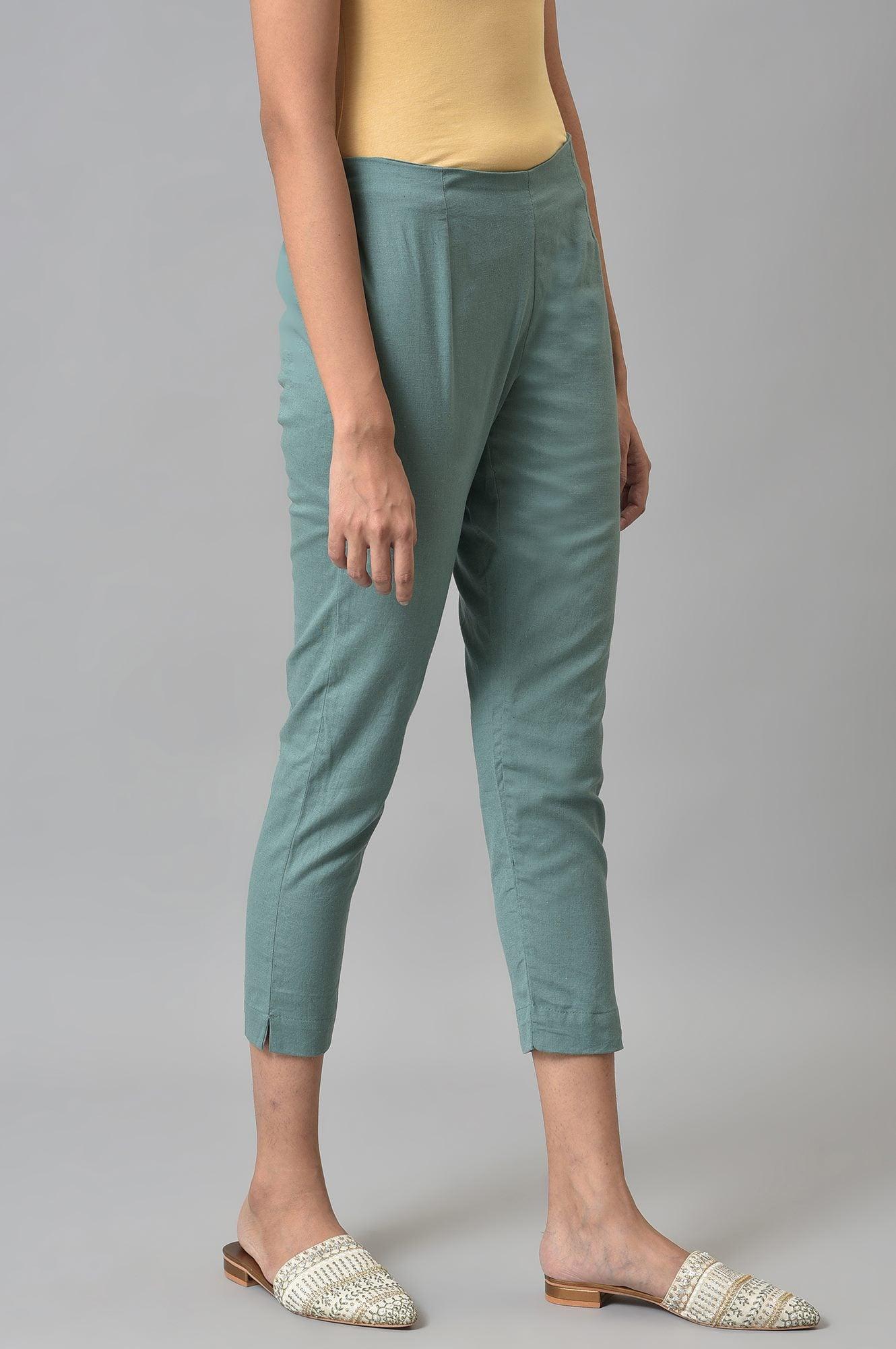 Aqua Blue Cotton Blend Slim Pants - Image 4