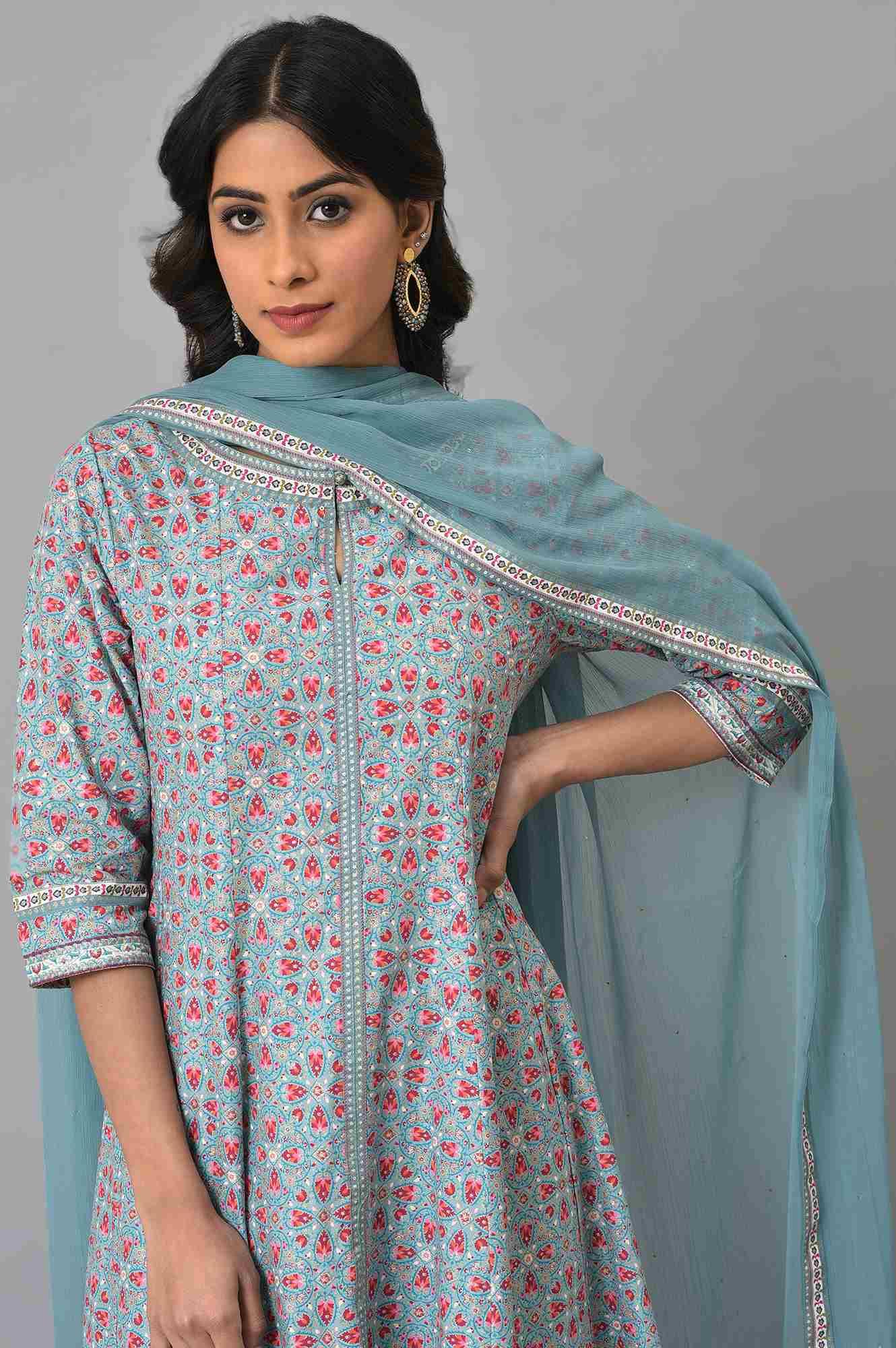Aqua Blue Cotton Printed Flared kurta With Parallel Pants And Chiffon Dupatta - Image 5