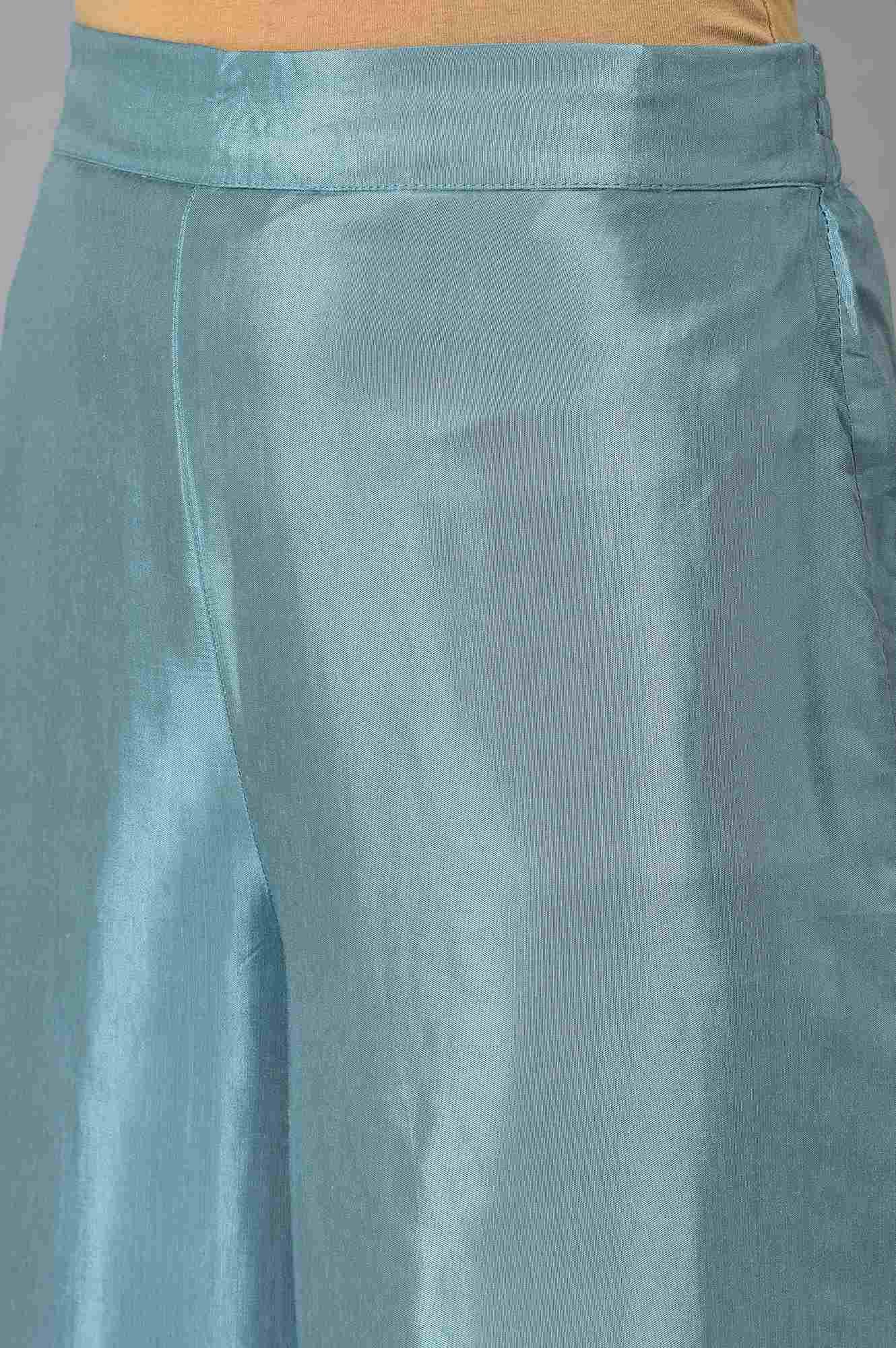 Aqua Blue Cotton Printed Flared kurta With Parallel Pants And Chiffon Dupatta - Image 7