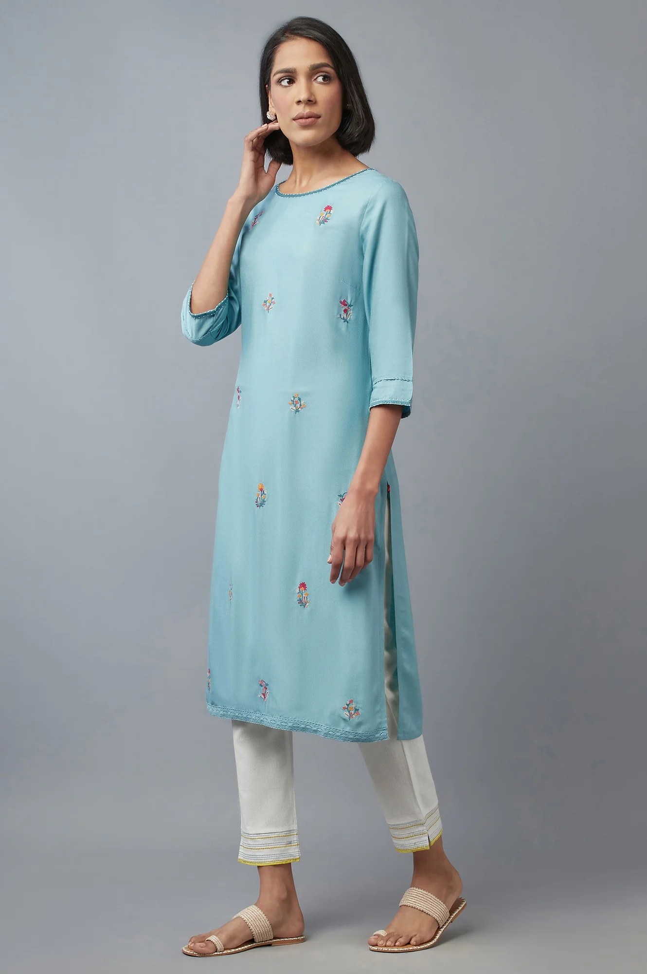 Aqua Blue Embroidered kurta with Lace Details - Image 3