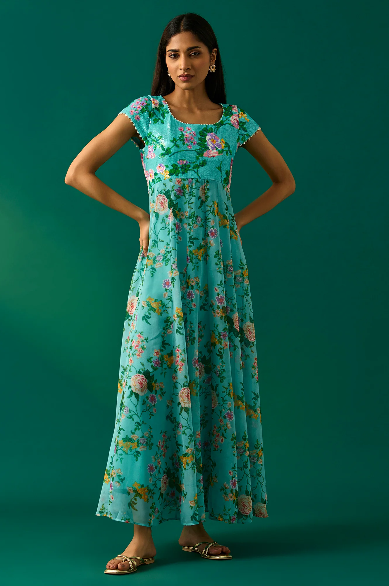 Aqua Blue Embroidered Sequined Flared Georgette Dress with Gillet Set - Image 6