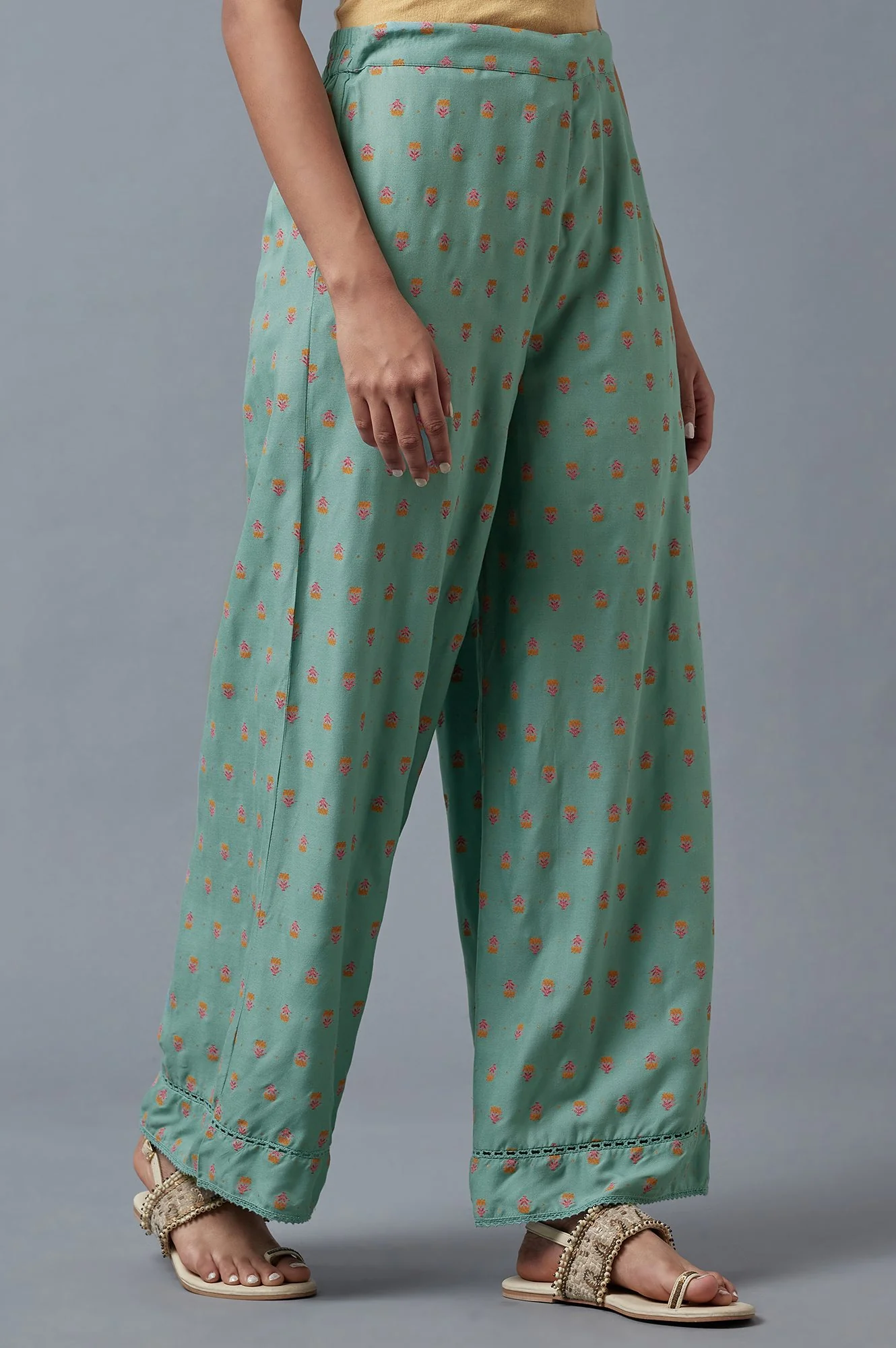 Aqua Blue Floral Printed Parallel Pants - Image 4
