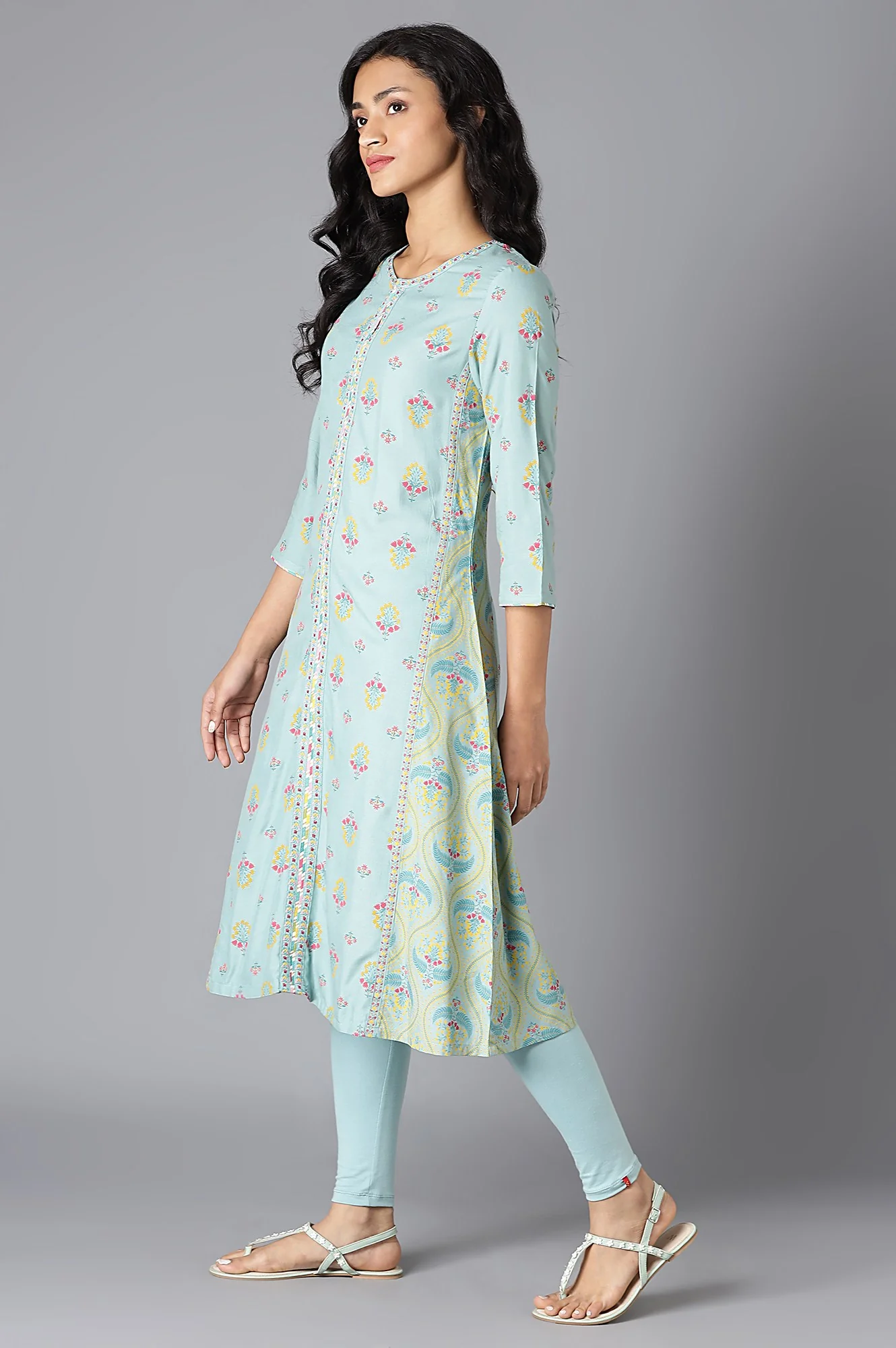 Aqua Blue Printed A-Line kurta With Thread Embroidery - Image 3