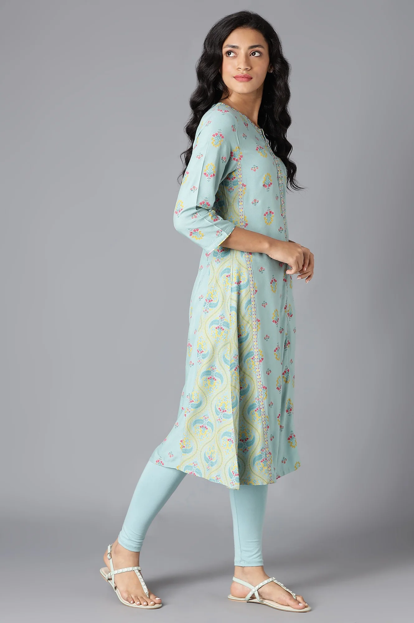 Aqua Blue Printed A-Line kurta With Thread Embroidery - Image 4
