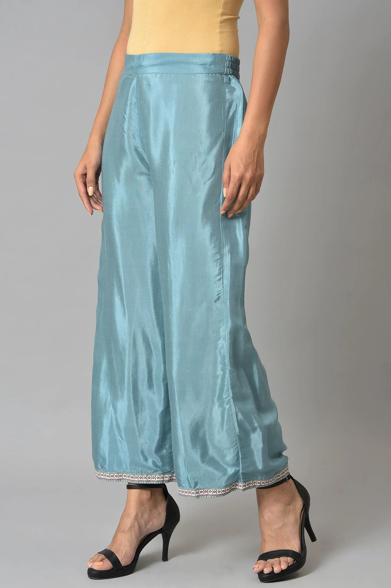 Aqua Blue Shantung Straight Parallel Pants - Image 3