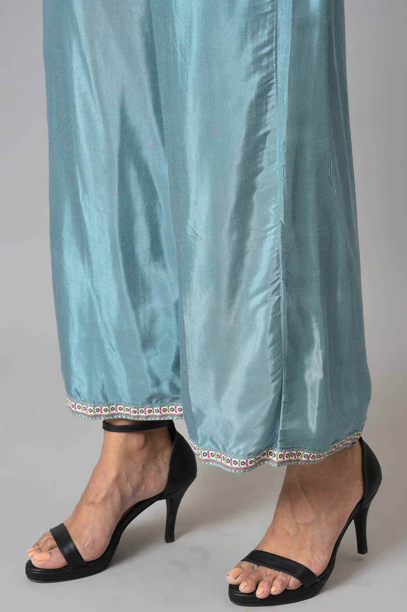 Aqua Blue Shantung Straight Parallel Pants - Image 8