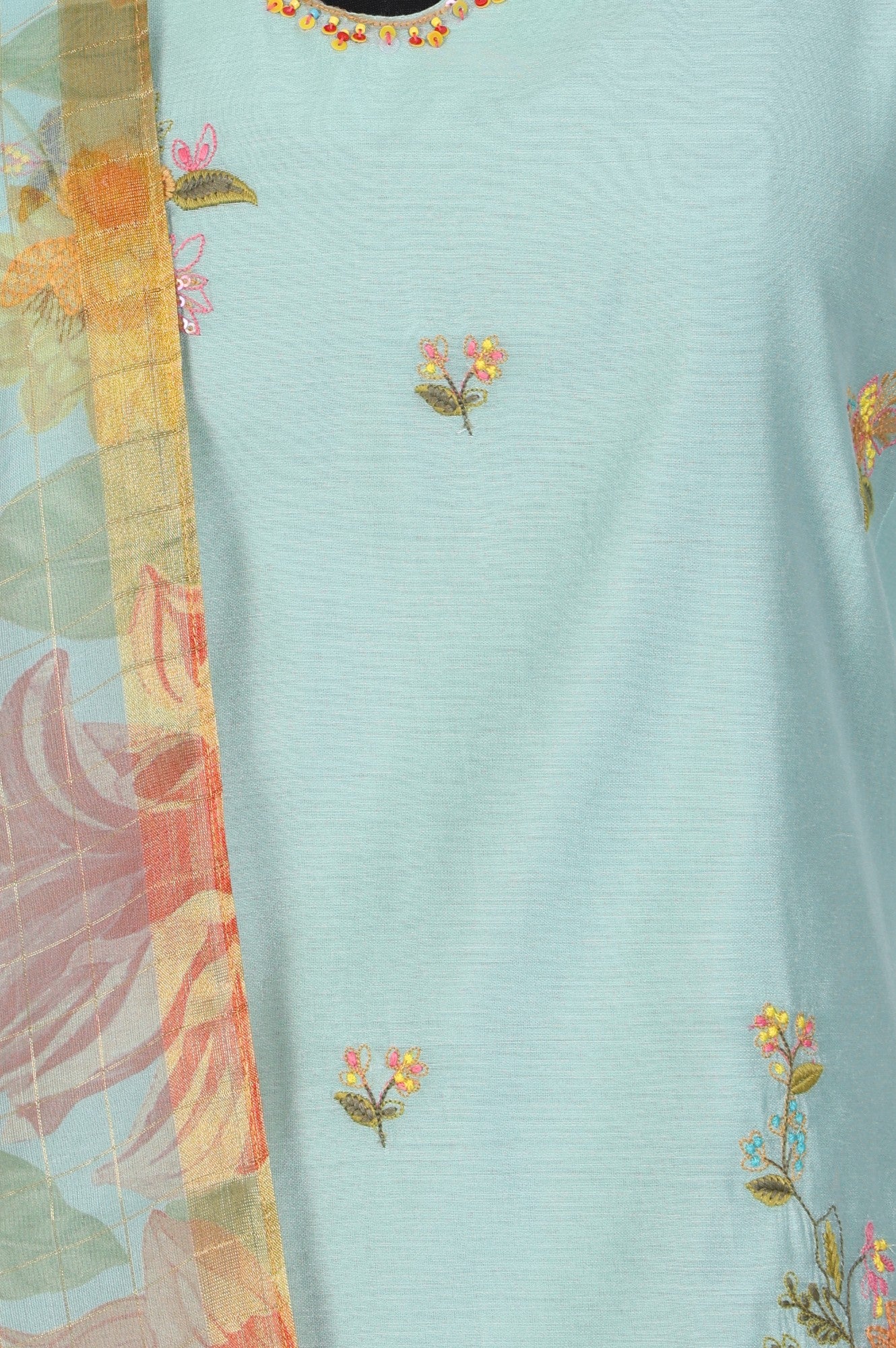 Aqua Blue Thread Embroidered Chanderi Straight Kurta with Pants and Dupatta Set - Image 3