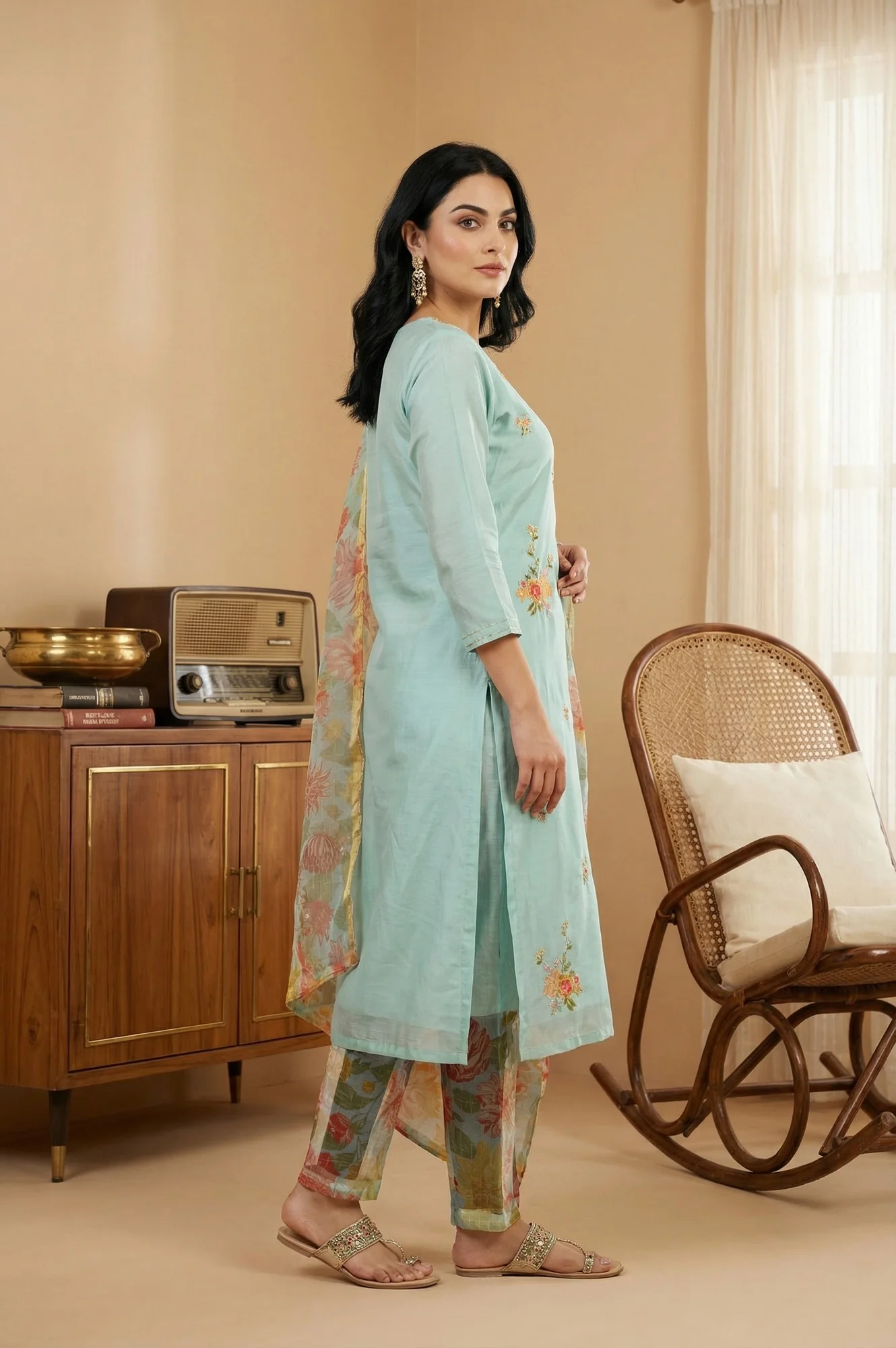 Aqua Blue Thread Embroidered Chanderi Straight Kurta with Pants and Dupatta Set - Image 4