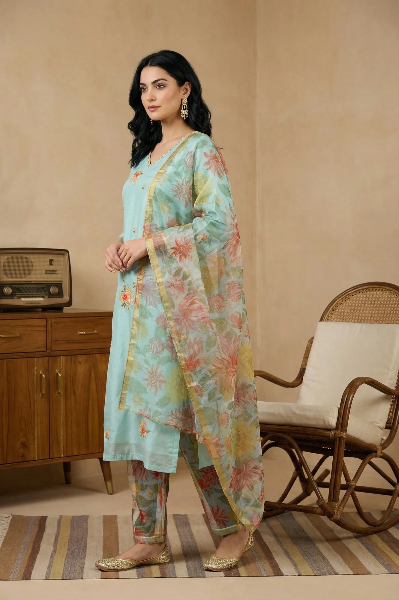 Aqua Blue Thread Embroidered Chanderi Straight Kurta with Pants and Dupatta Set - Image 6
