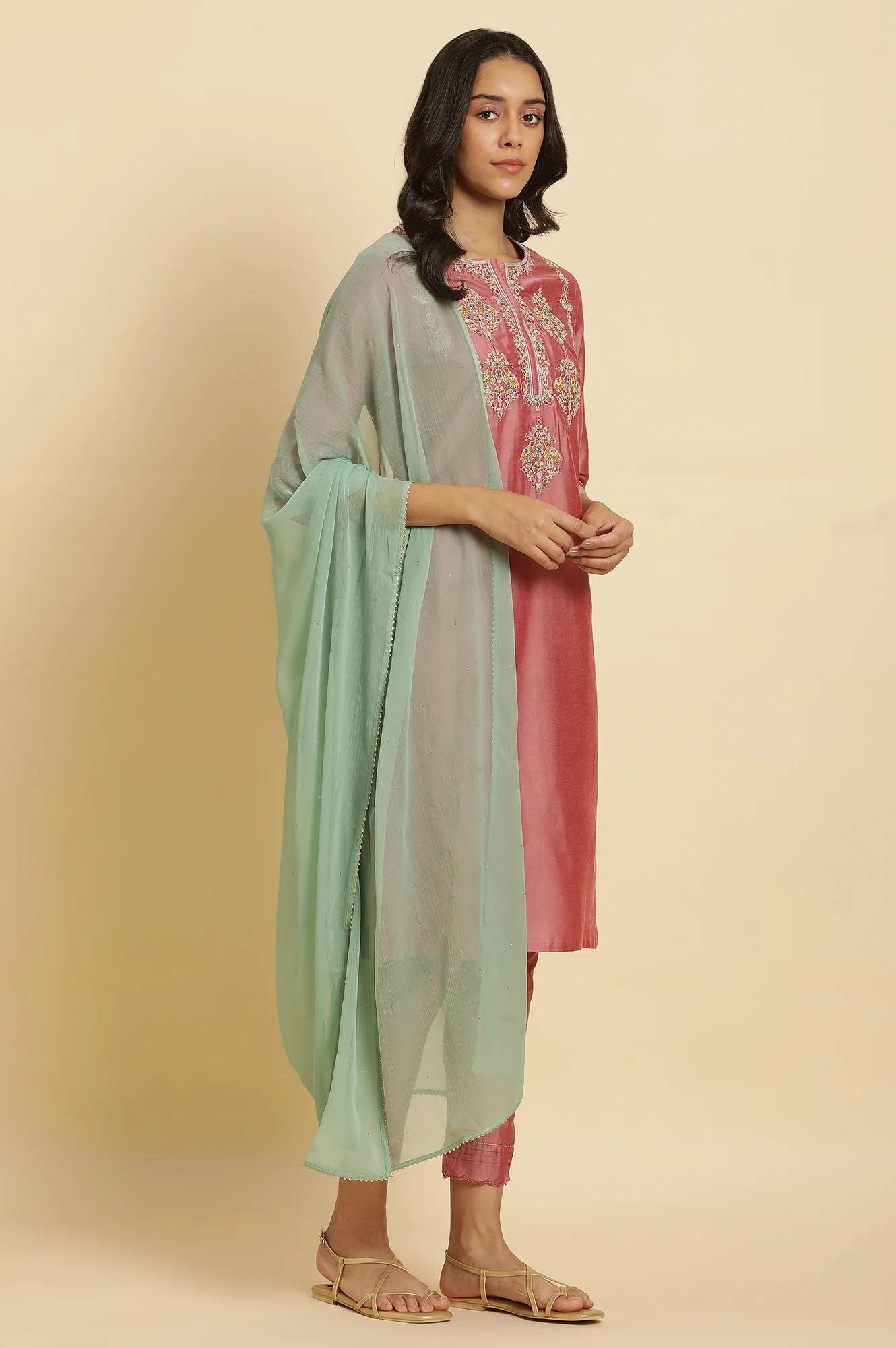 Aqua Green Gold Mukaish Chiffon Dupatta - Image 2