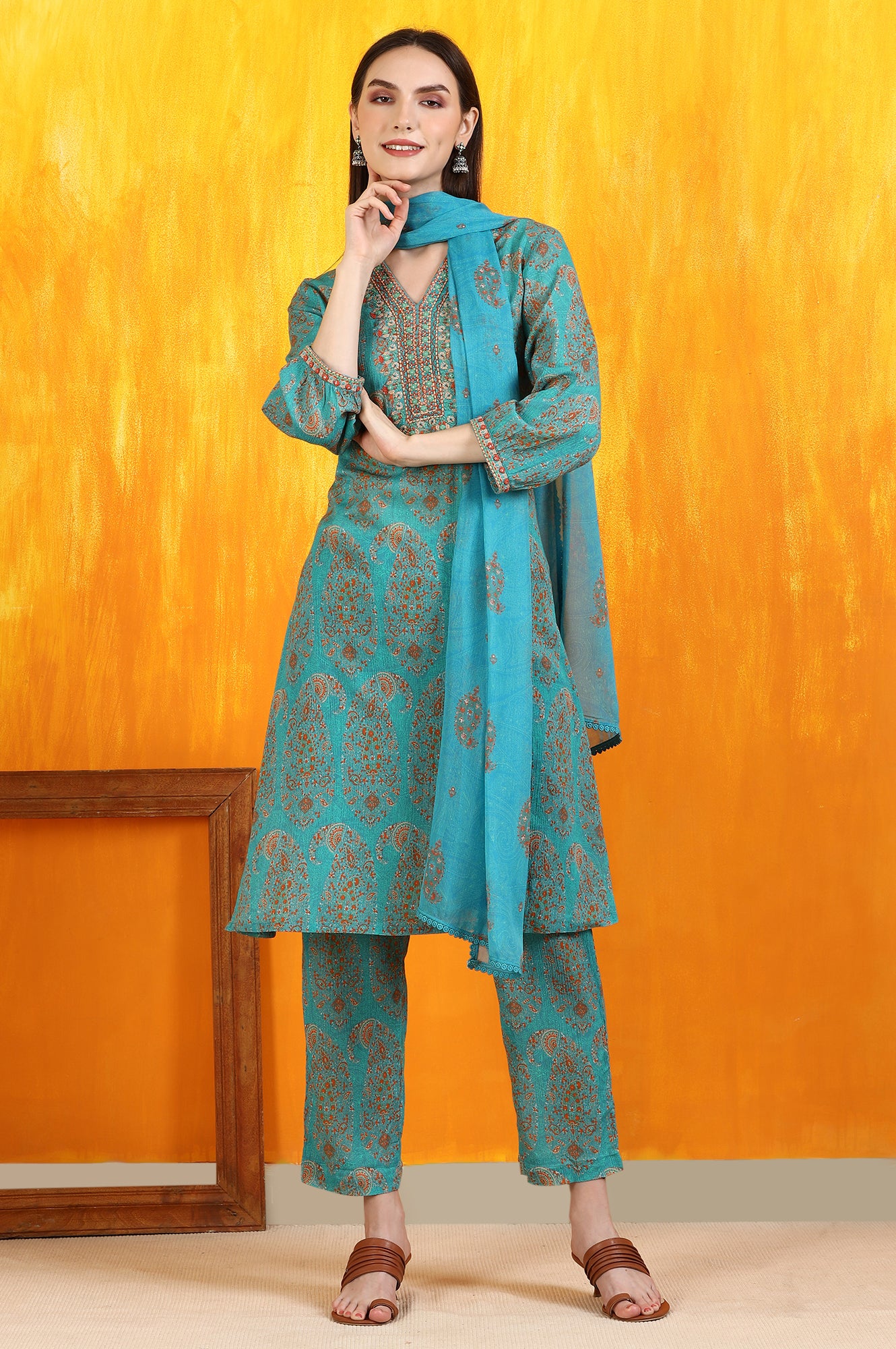 Aqua Green Paisley Printed Cotton Crepe Straight Kurta and Pants Set with Dupatta - Image 2
