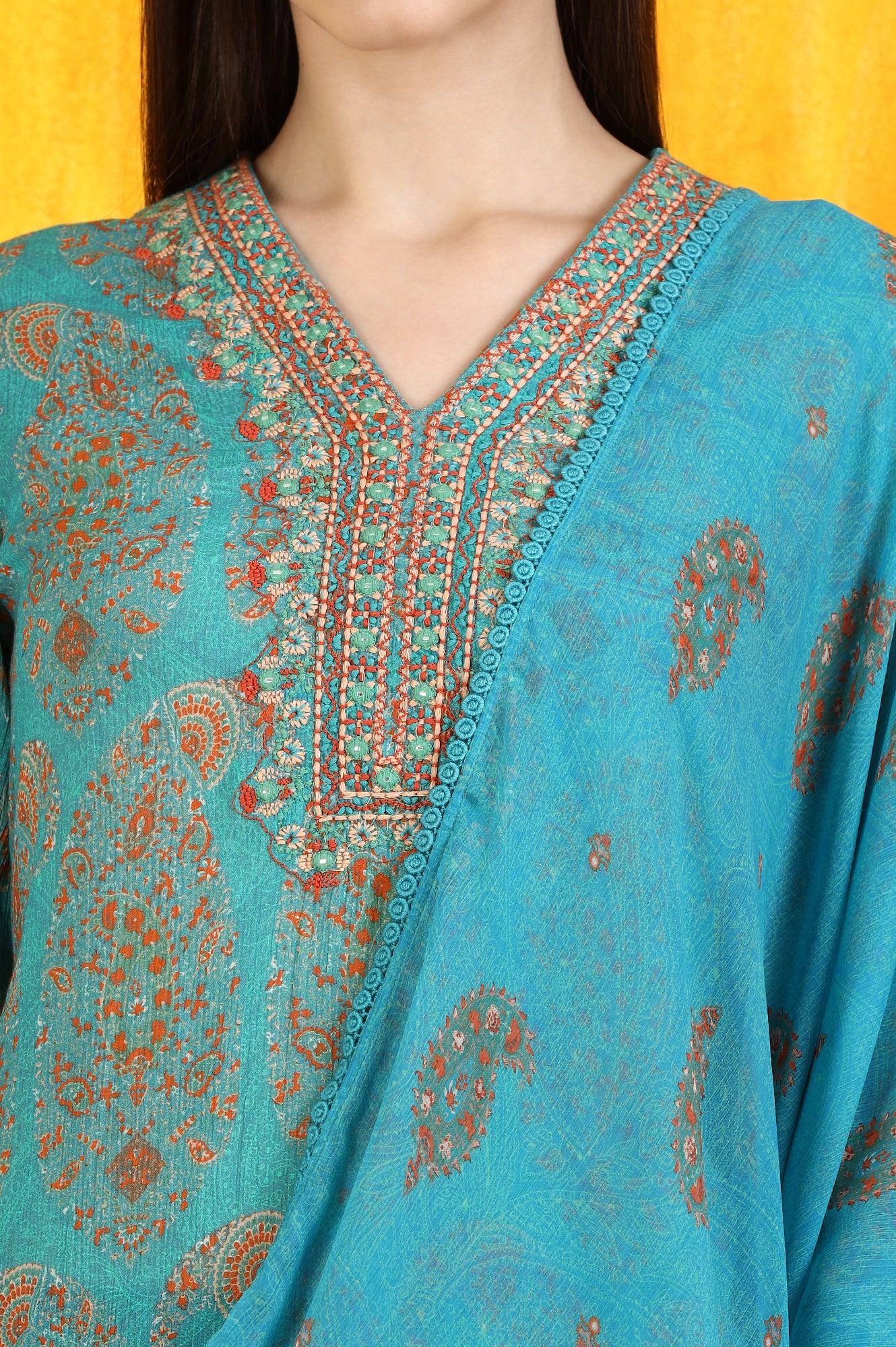 Aqua Green Paisley Printed Cotton Crepe Straight Kurta and Pants Set with Dupatta - Image 3