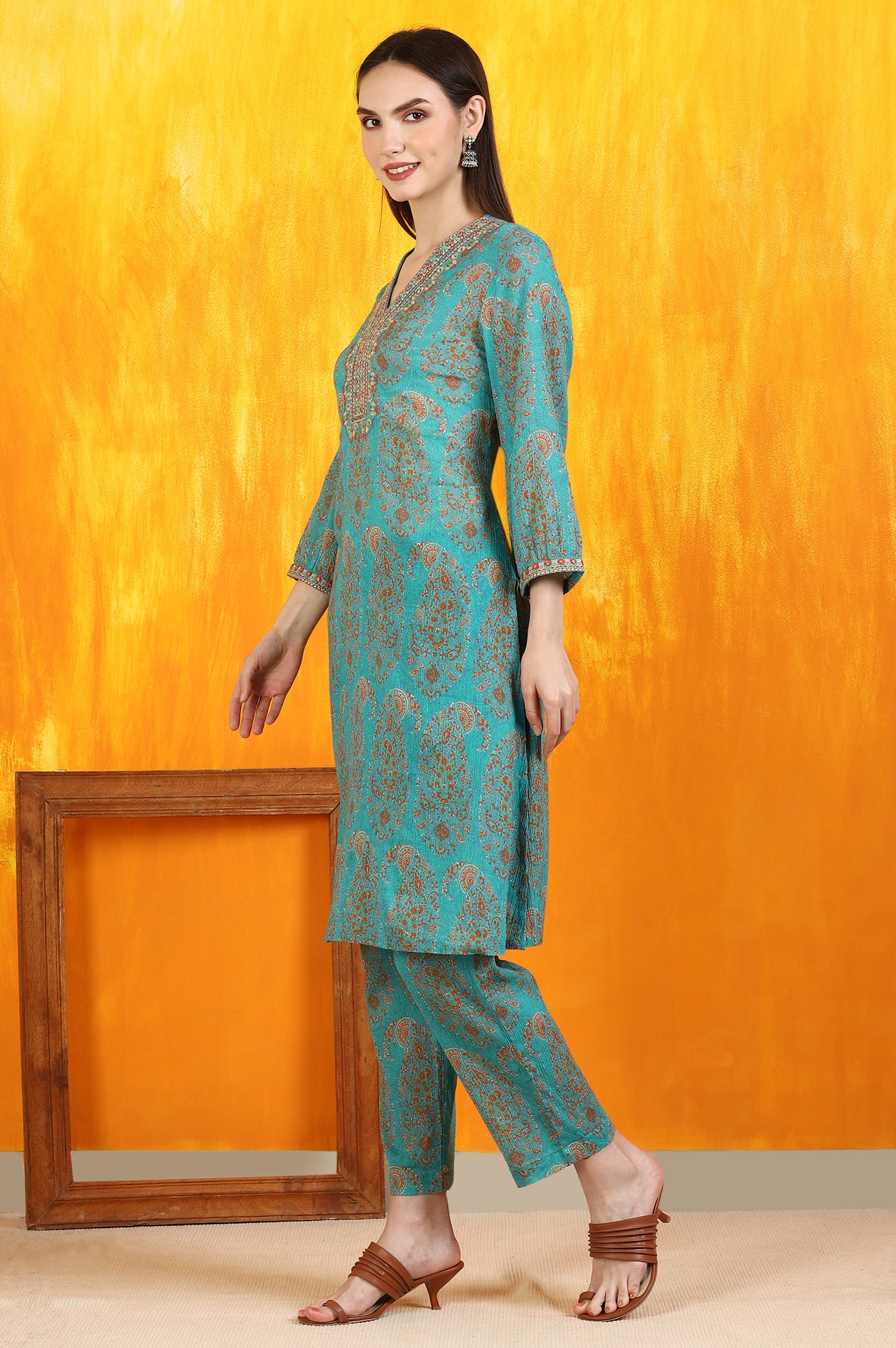 Aqua Green Paisley Printed Cotton Crepe Straight Kurta and Pants Set with Dupatta - Image 4