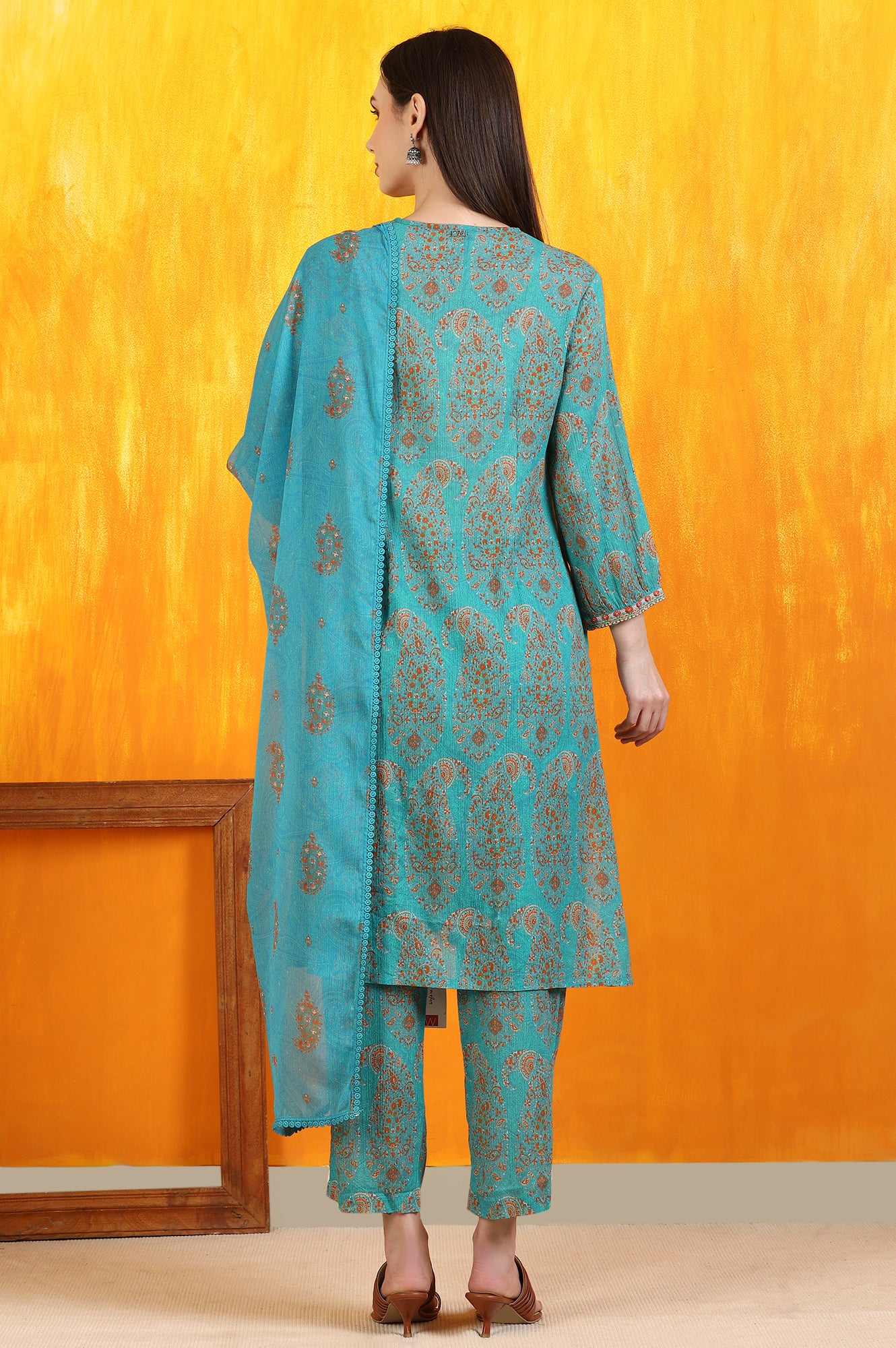 Aqua Green Paisley Printed Cotton Crepe Straight Kurta and Pants Set with Dupatta - Image 5
