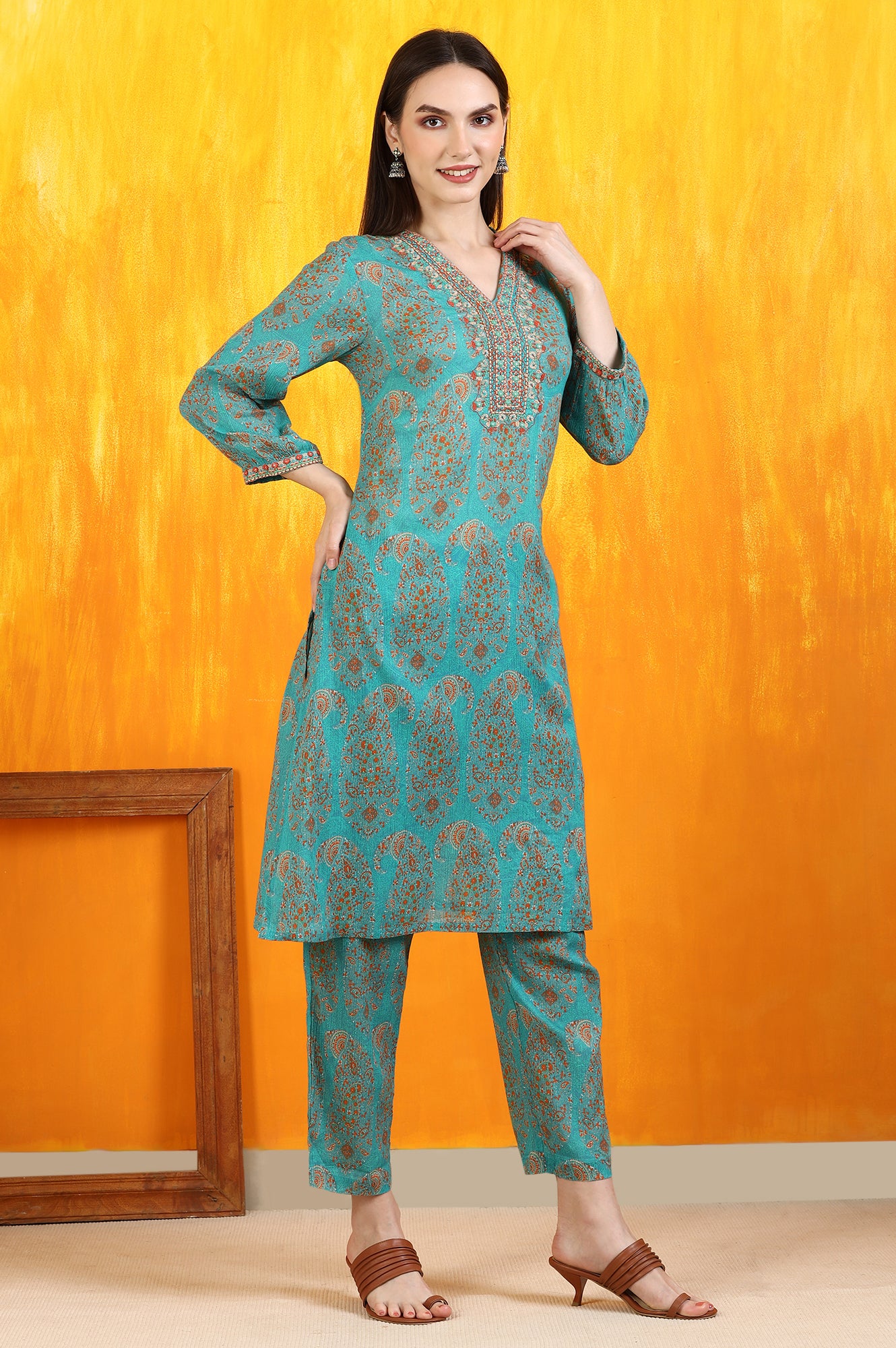 Aqua Green Paisley Printed Cotton Crepe Straight Kurta and Pants Set with Dupatta - Image 6