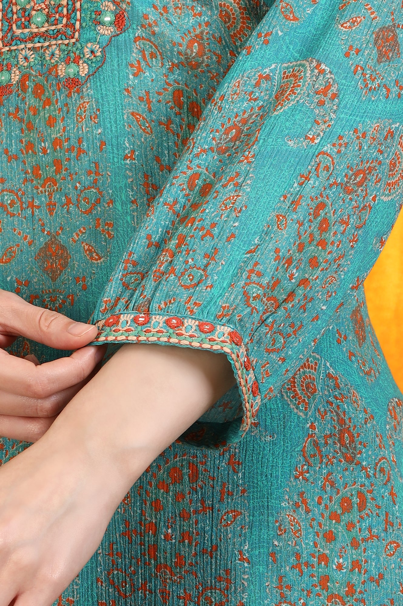 Aqua Green Paisley Printed Cotton Crepe Straight Kurta and Pants Set with Dupatta - Image 7