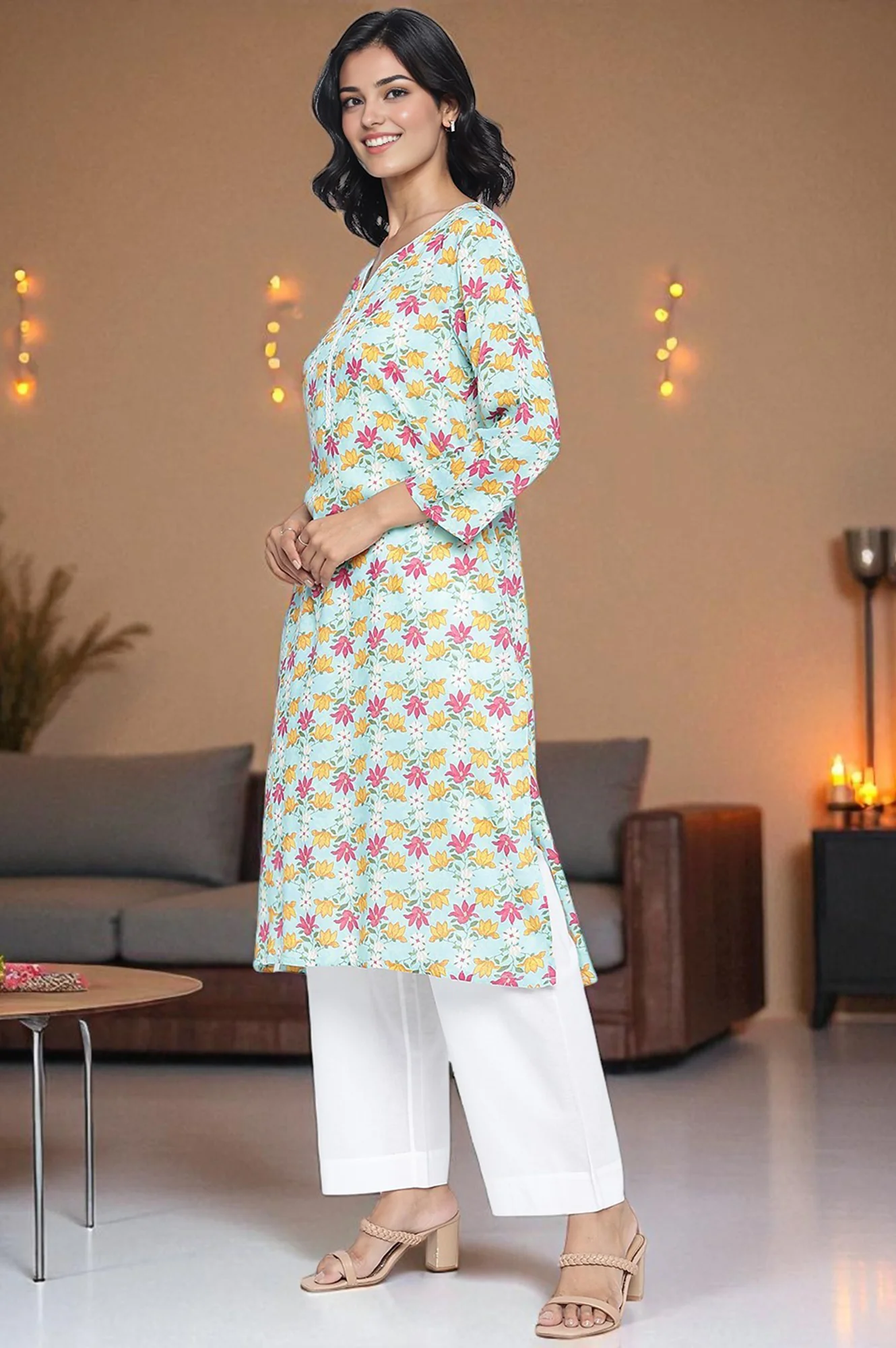 Aqua Green Printed Modal Straight Kurta - Image 3