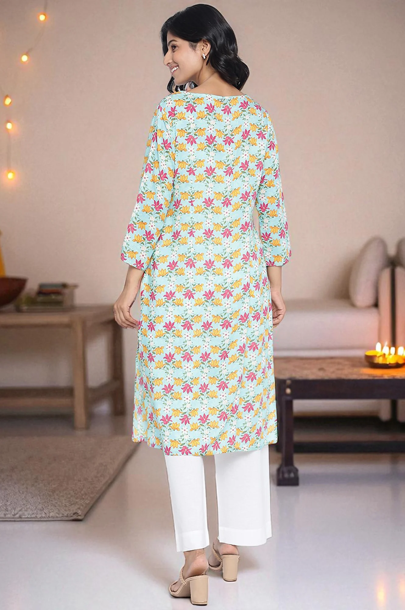 Aqua Green Printed Modal Straight Kurta - Image 4
