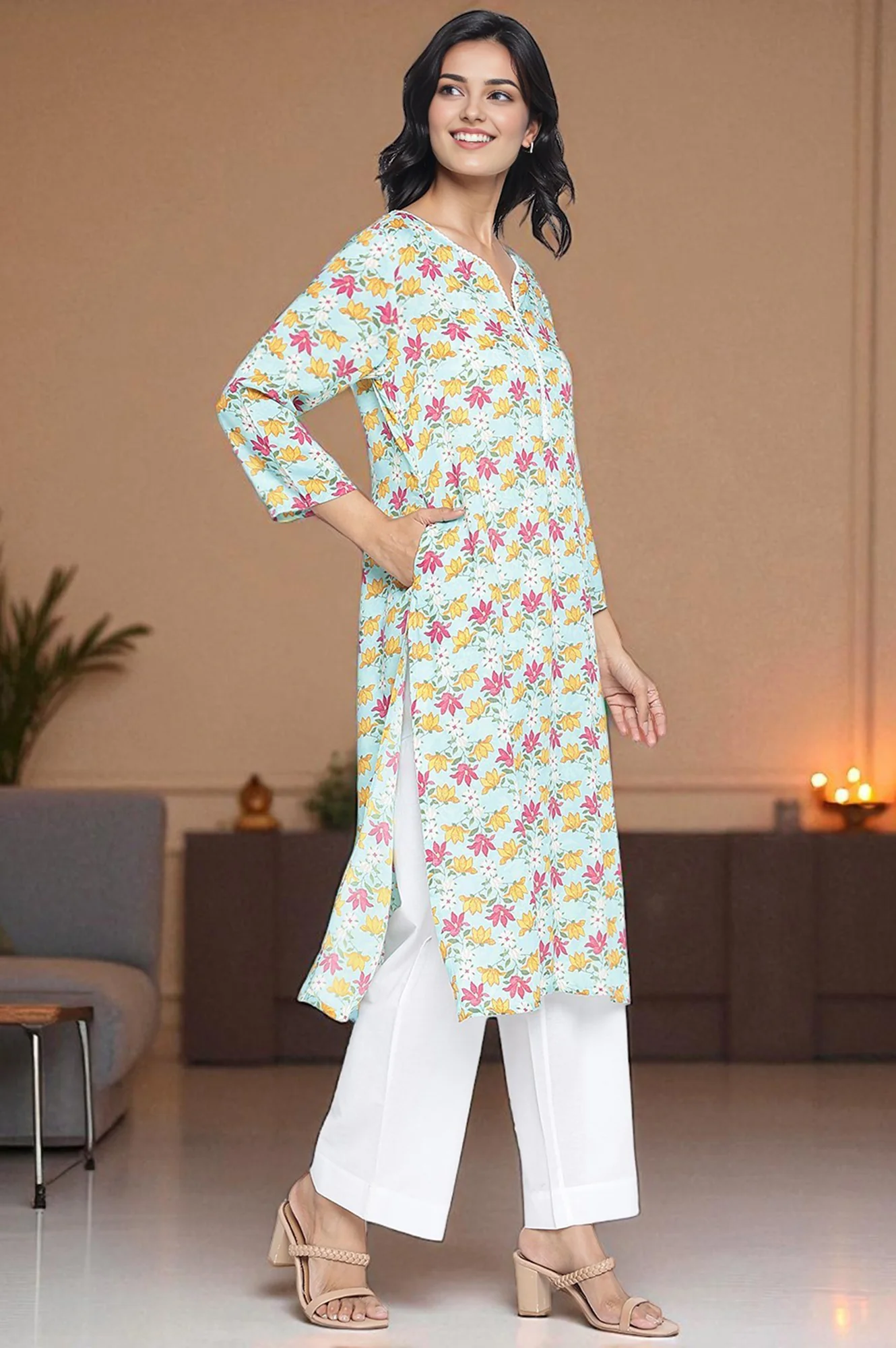 Aqua Green Printed Modal Straight Kurta - Image 5