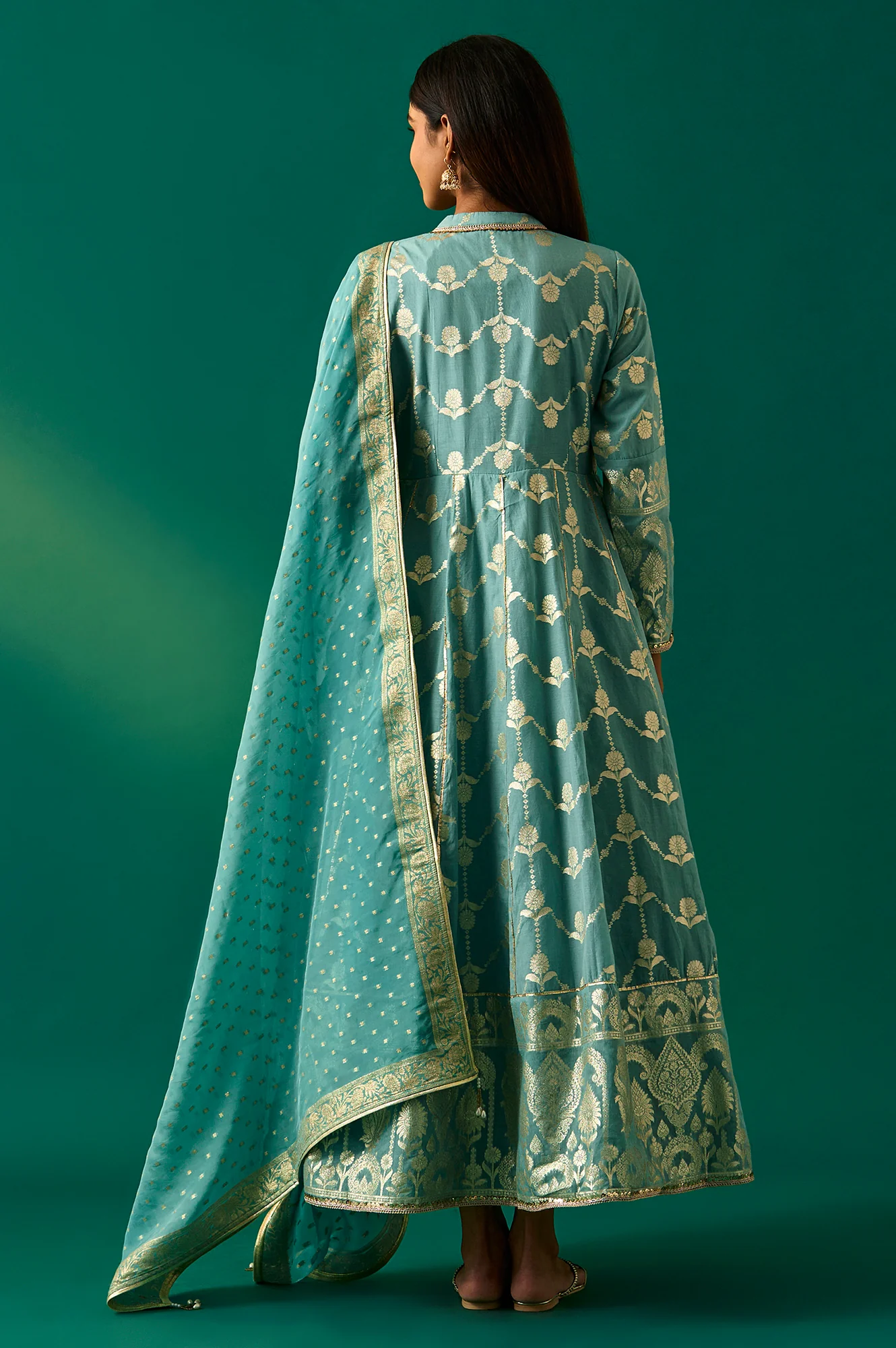Aqua Green Zari Embroidered Jacquard Anarkali and Dupatta Set - Image 3