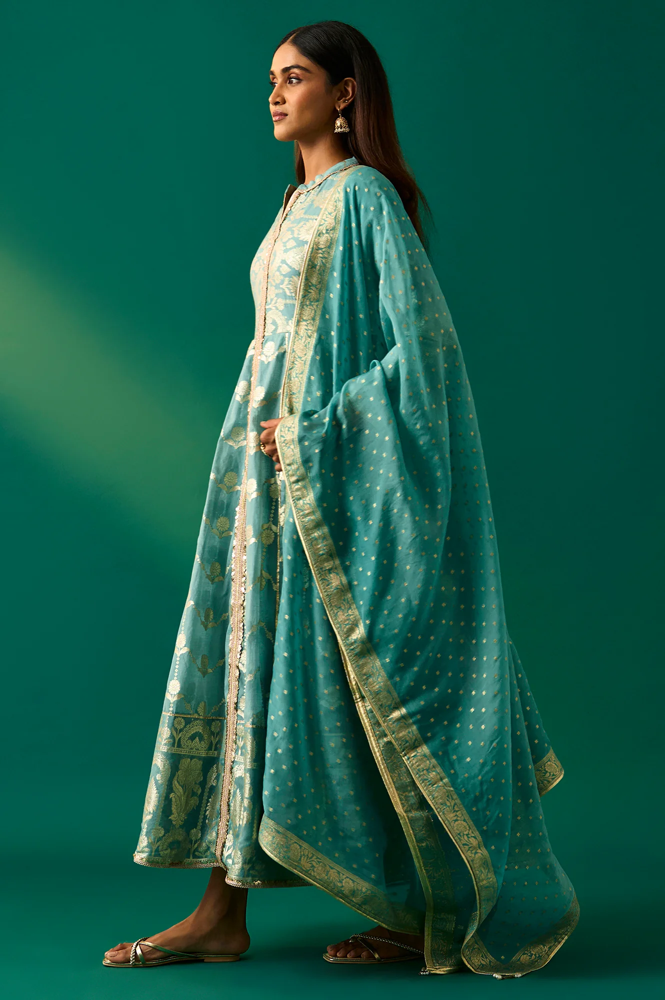 Aqua Green Zari Embroidered Jacquard Anarkali and Dupatta Set - Image 4