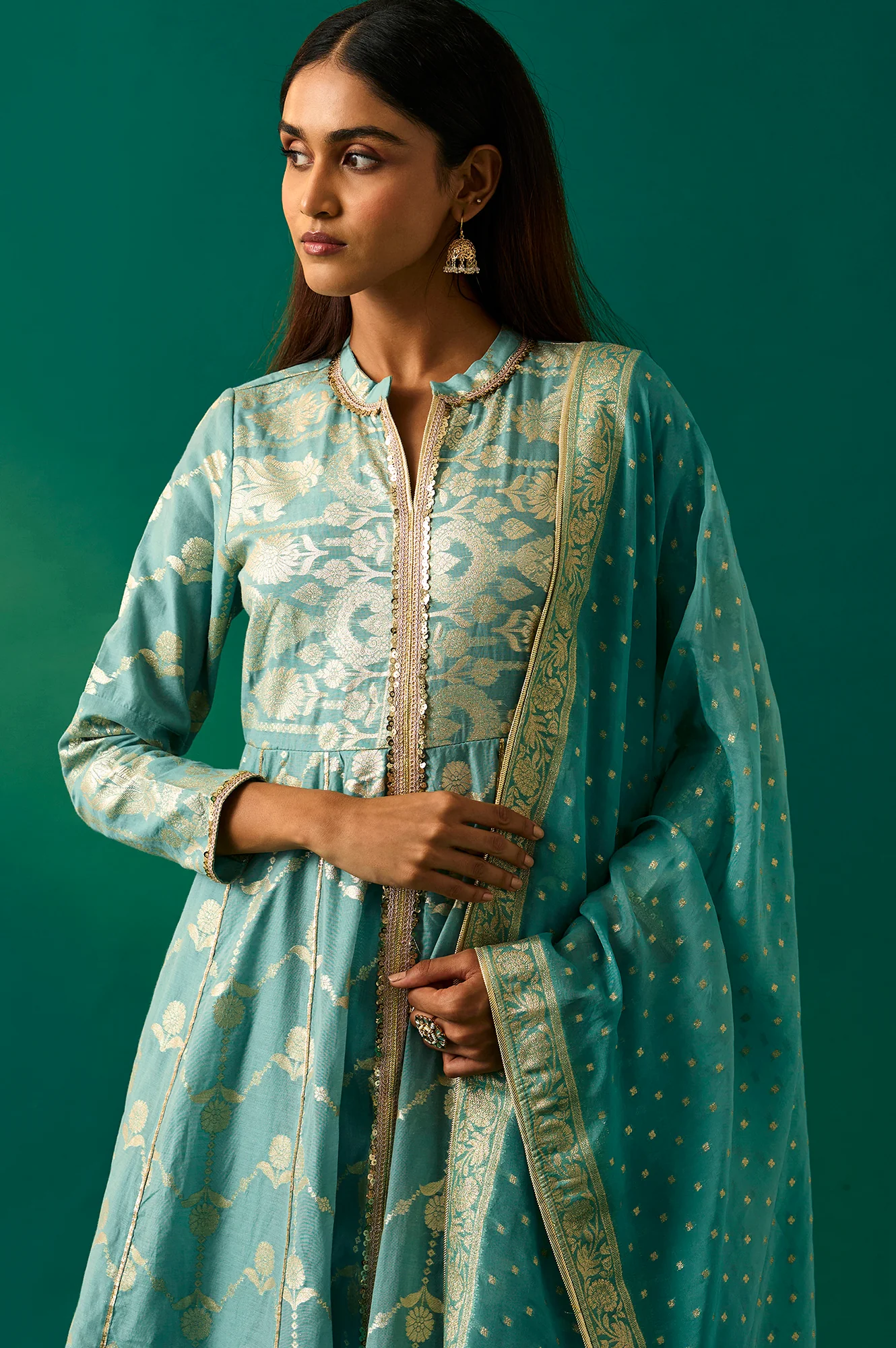 Aqua Green Zari Embroidered Jacquard Anarkali and Dupatta Set - Image 5