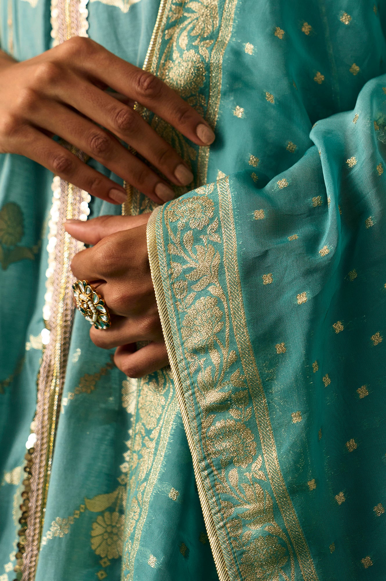 Aqua Green Zari Embroidered Jacquard Anarkali and Dupatta Set - Image 6