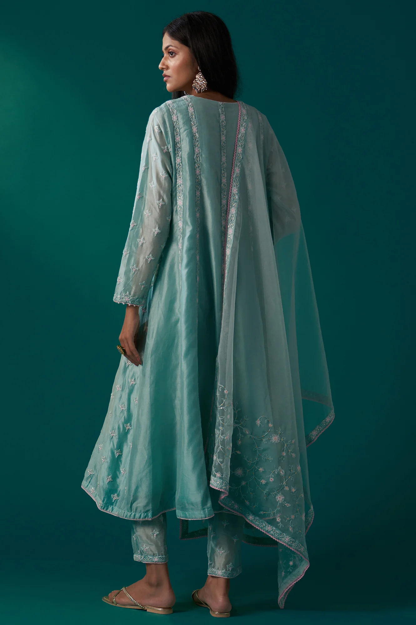 Aqua Mint Thread Embroidered Silk Chanderi Flared Kurta, Straight Pant and Dupatta Set - Image 5
