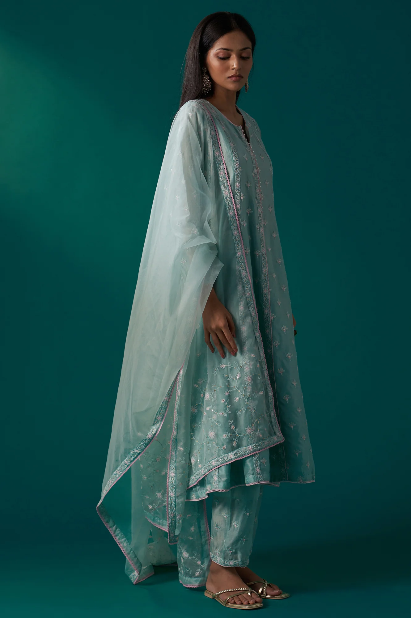 Aqua Mint Thread Embroidered Silk Chanderi Flared Kurta, Straight Pant and Dupatta Set - Image 6