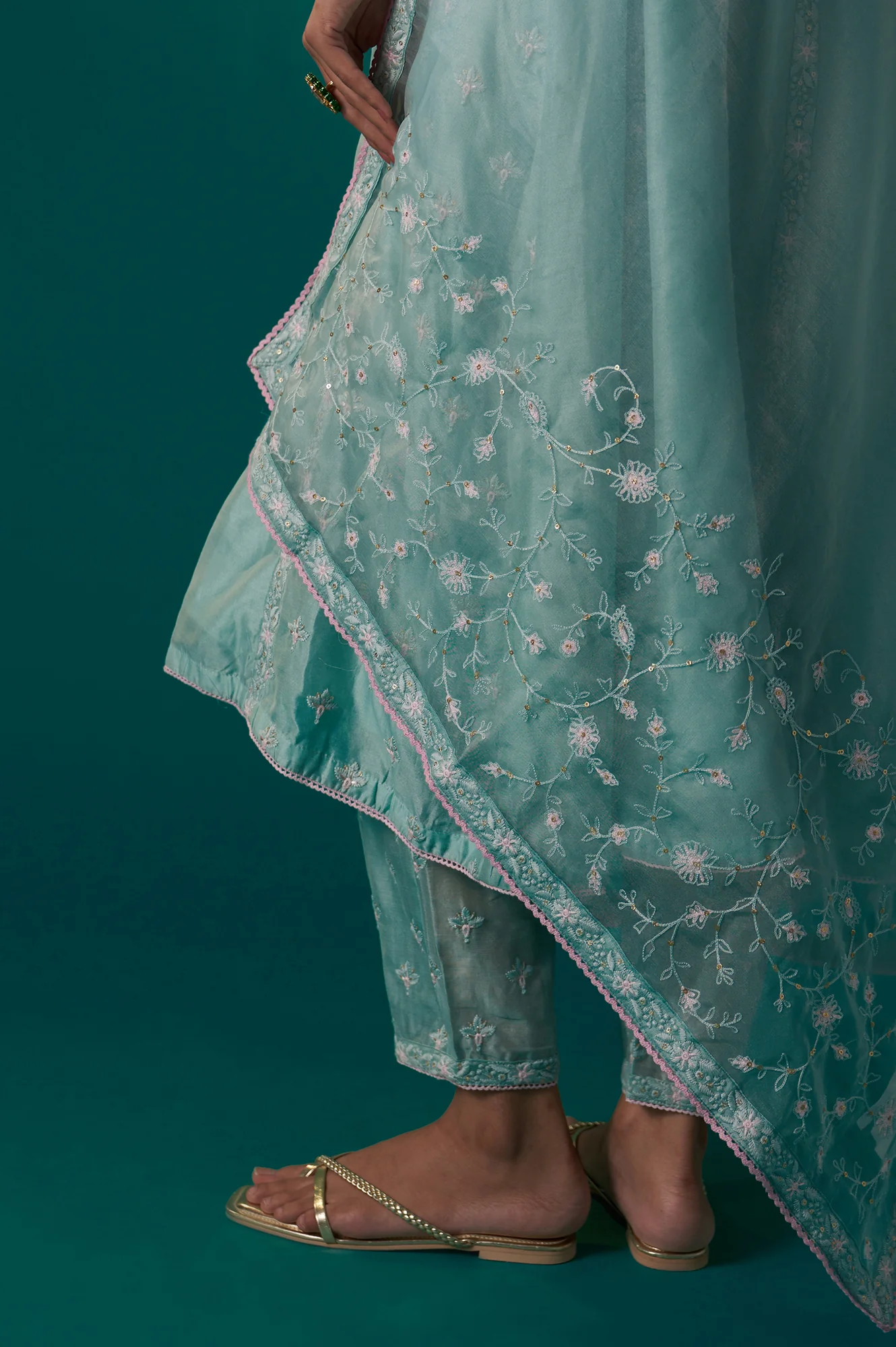 Aqua Mint Thread Embroidered Silk Chanderi Flared Kurta, Straight Pant and Dupatta Set - Image 8