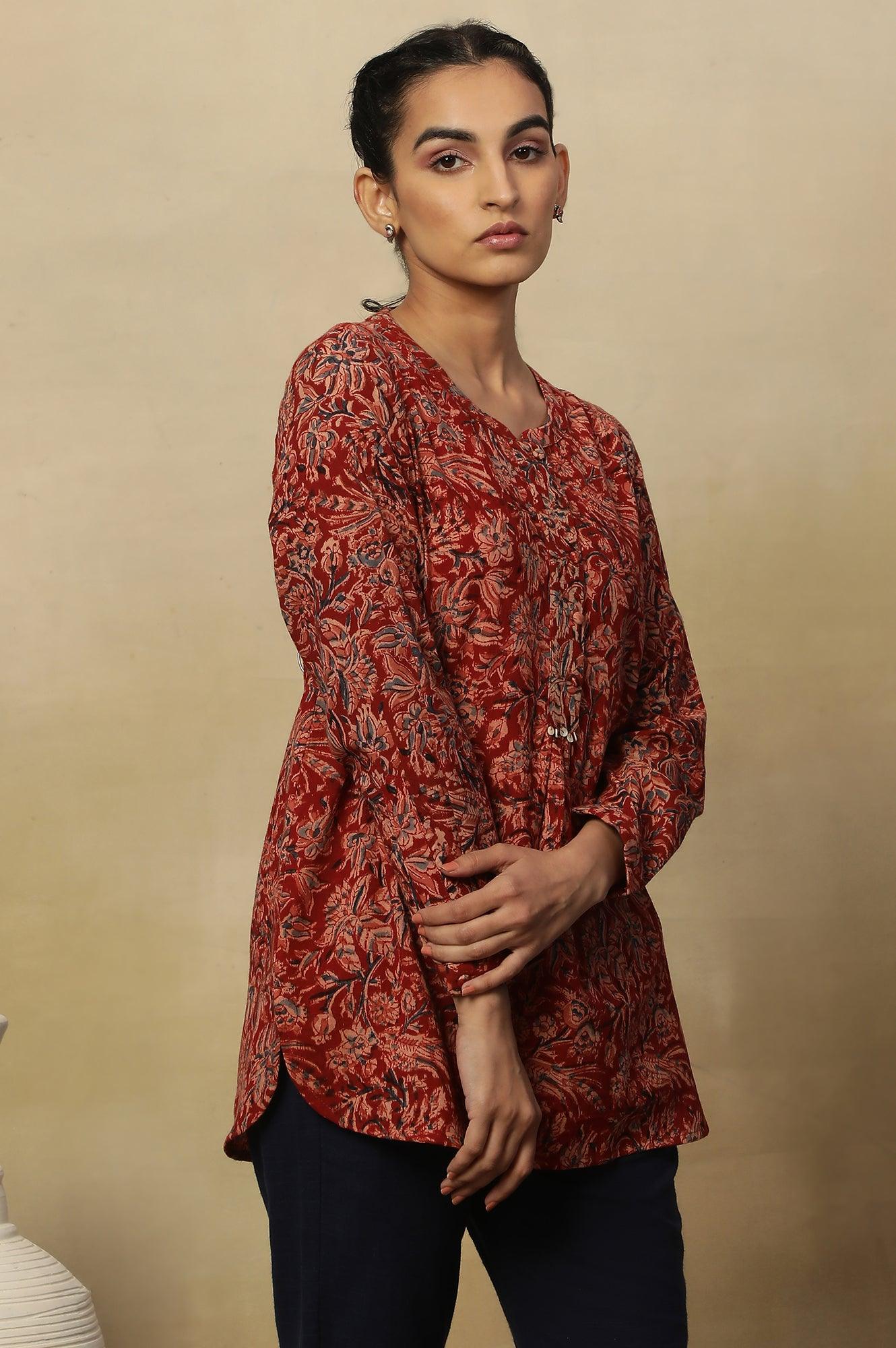 Barn Red Block Print Top In Cotton Slub - Image 4
