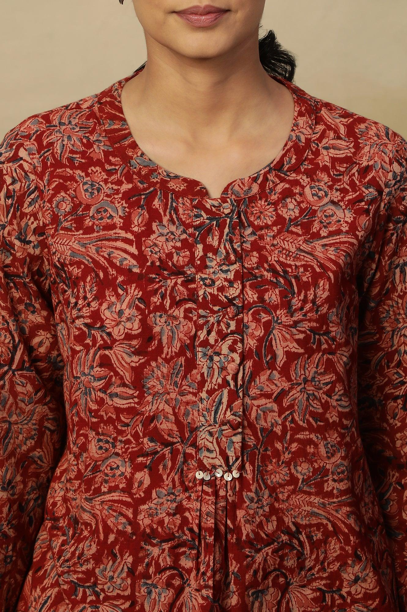 Barn Red Block Print Top In Cotton Slub - Image 7