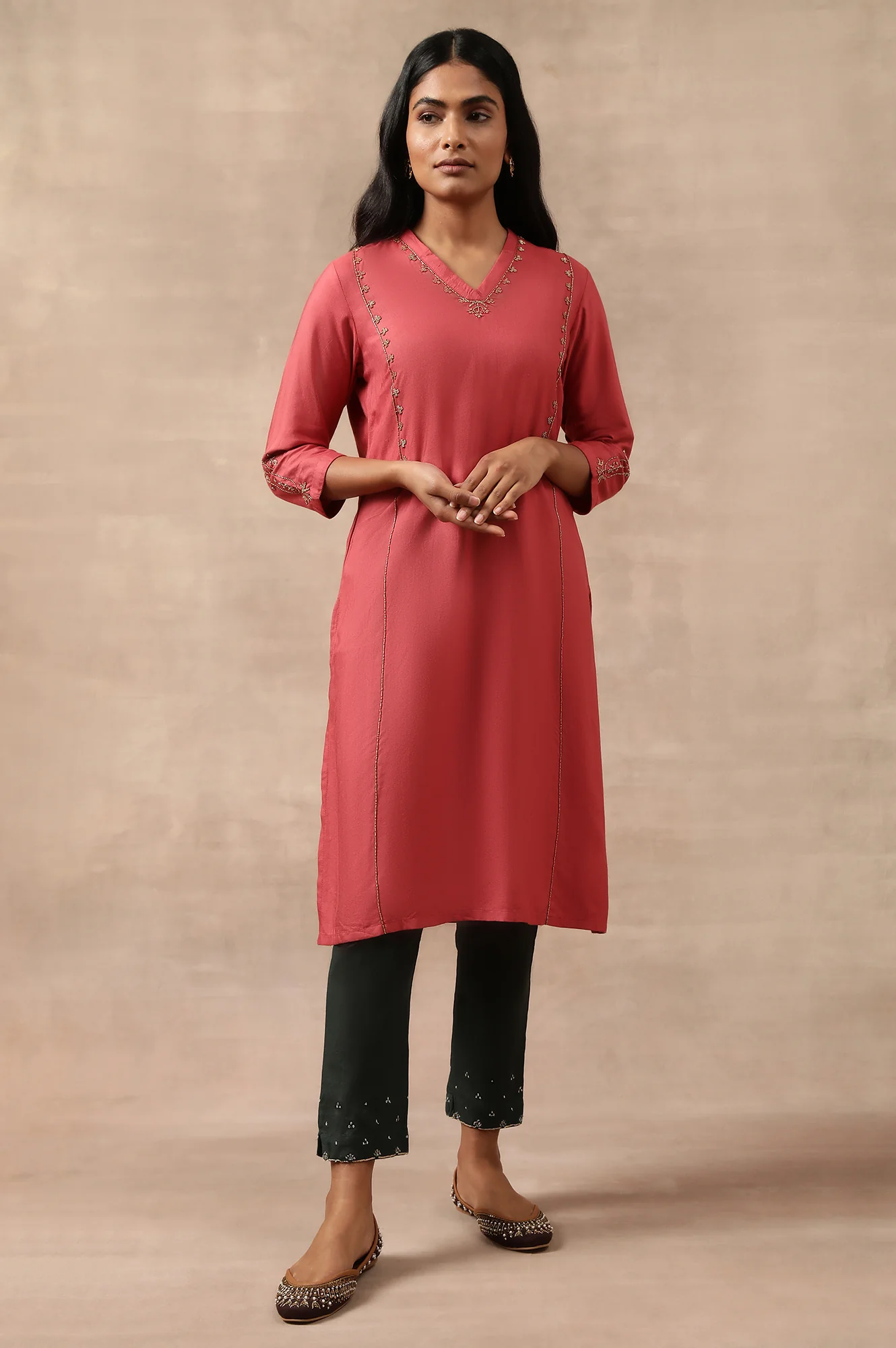 Beige Bead Embroidered Viscose Silk Tussar Kurta