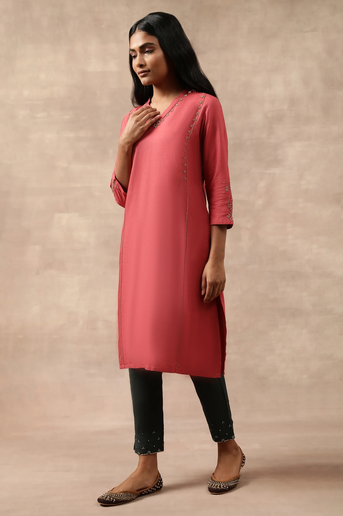 Beige Bead Embroidered Viscose Silk Tussar Kurta - Image 2