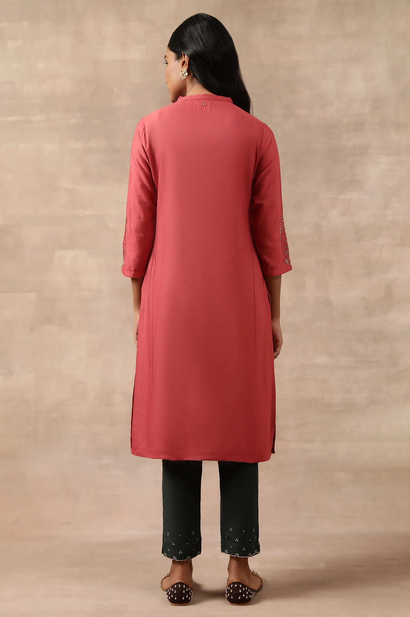 Beige Bead Embroidered Viscose Silk Tussar Kurta - Image 4