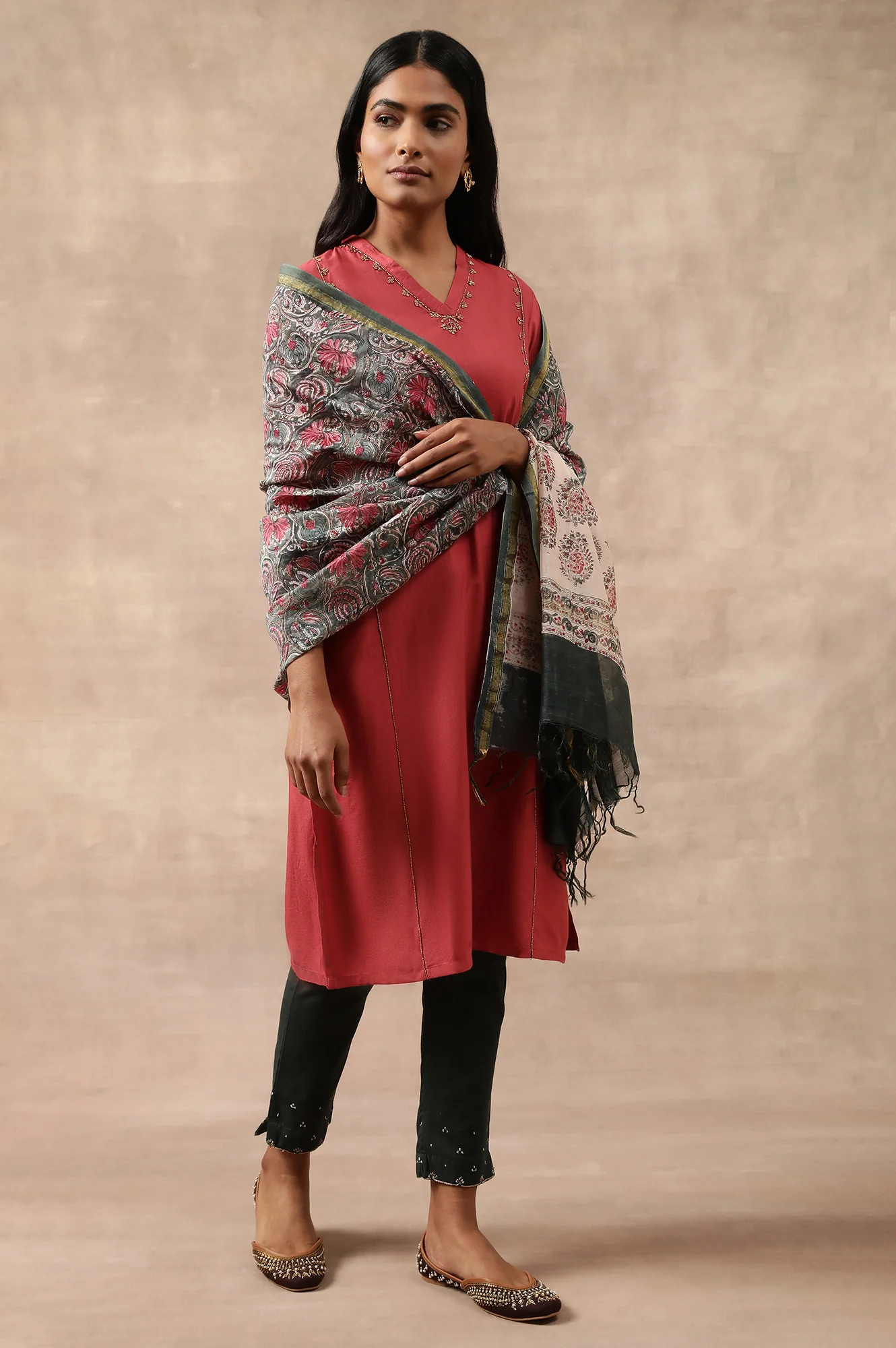 Beige Bead Embroidered Viscose Silk Tussar Kurta - Image 5