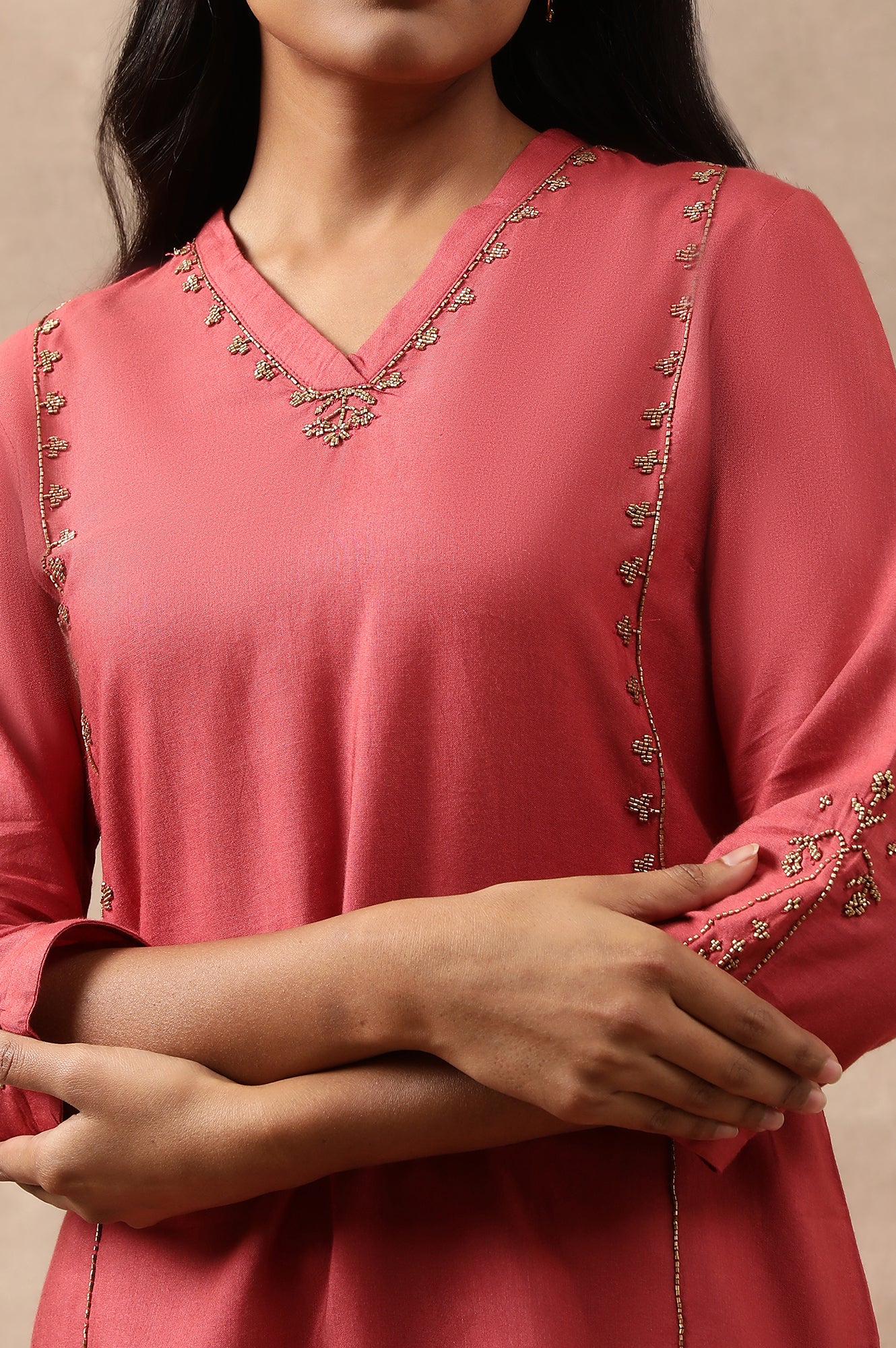 Beige Bead Embroidered Viscose Silk Tussar Kurta - Image 6