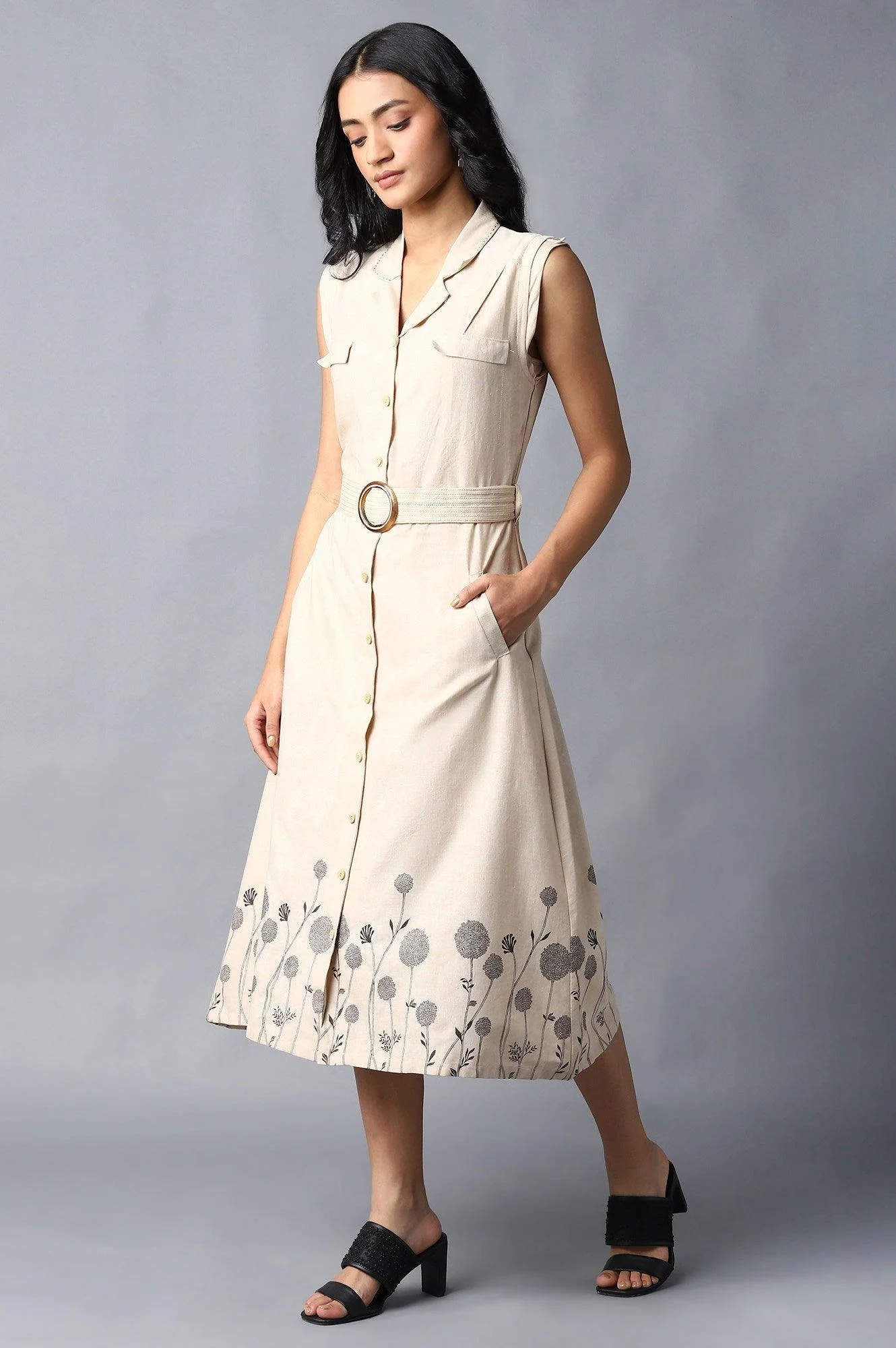 Beige Solid Pure Cotton Lapel Collar A-Line Dress - Image 3
