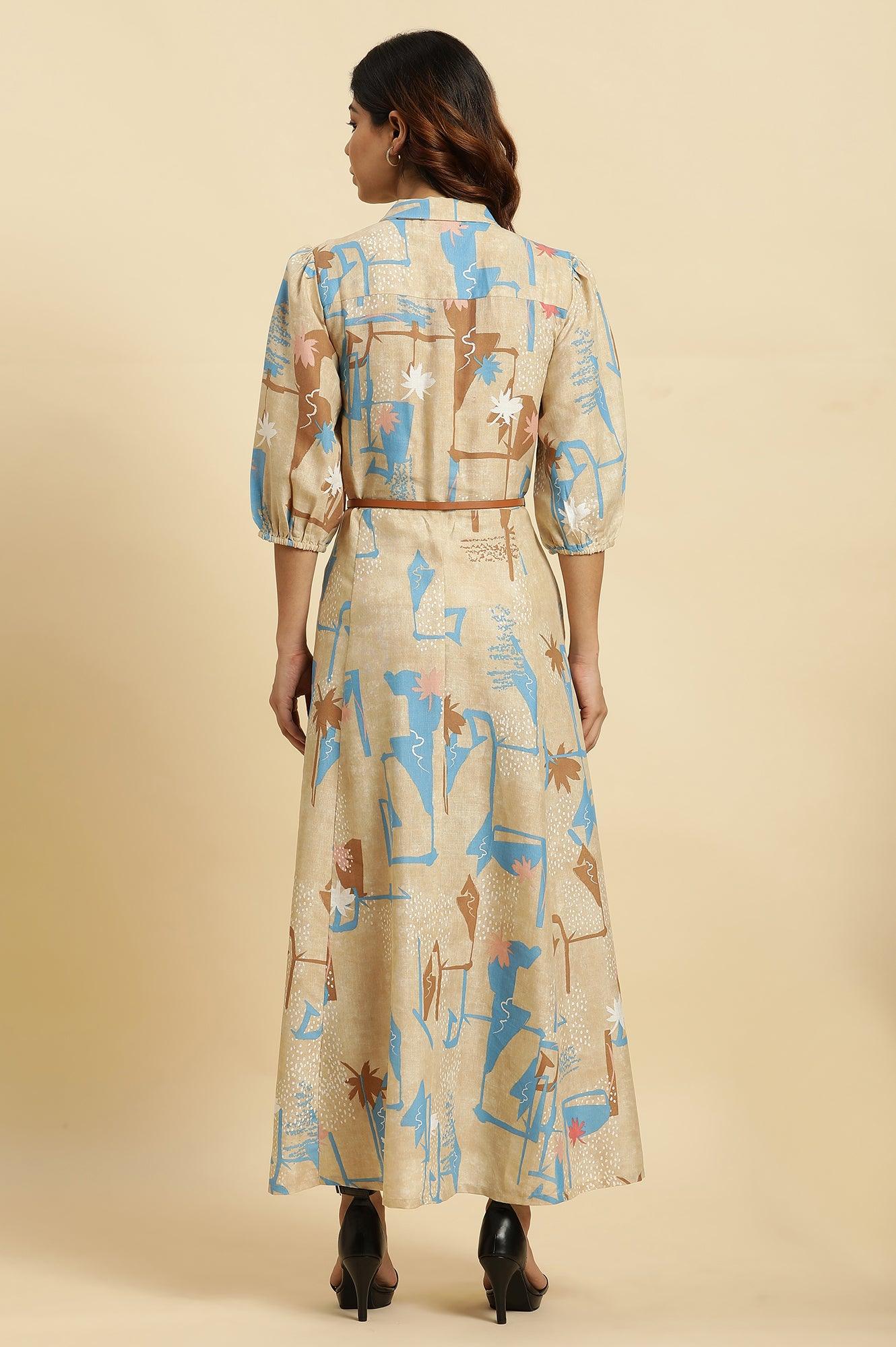 Beige Abstract Printed Maxi Dress with Belt – Western Style - Image 4