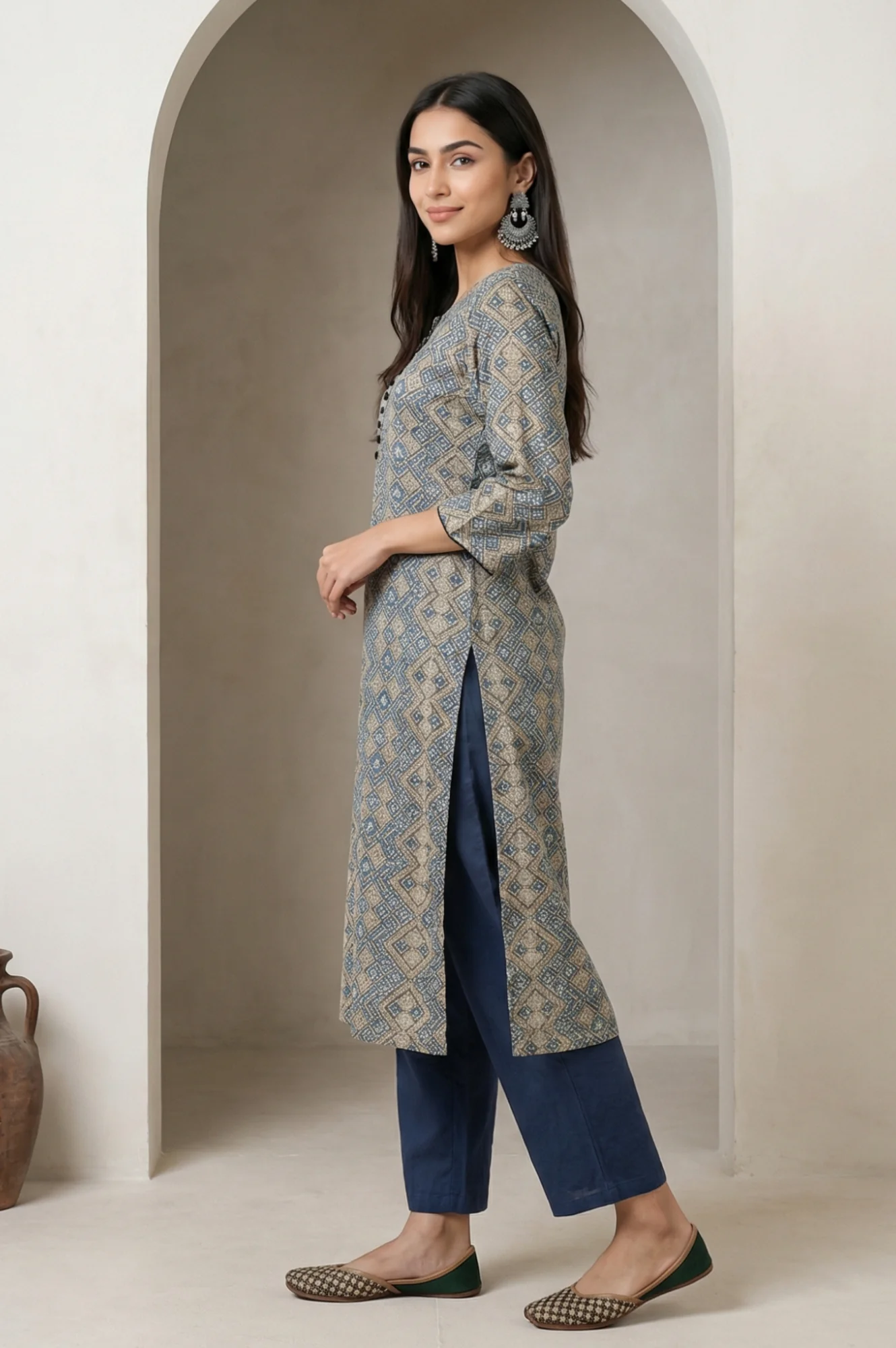 Beige Ajrak Printed Mirror Work Modal Satin Straight Kurta - Image 4