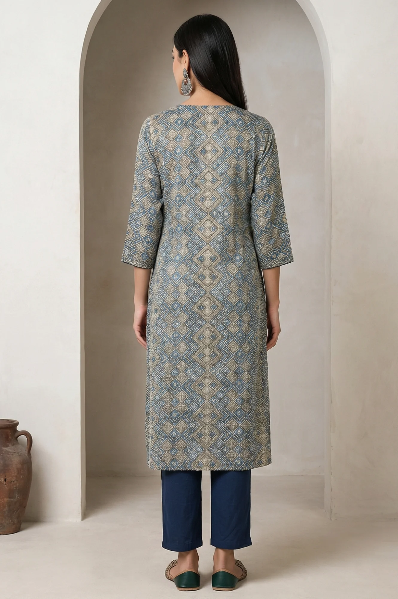 Beige Ajrak Printed Mirror Work Modal Satin Straight Kurta - Image 5