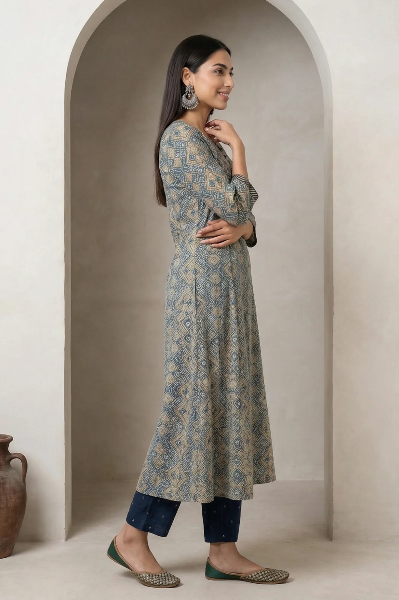 Beige Ajrak Printed Mirror Work Modal Satin Straight Kurta - Image 6