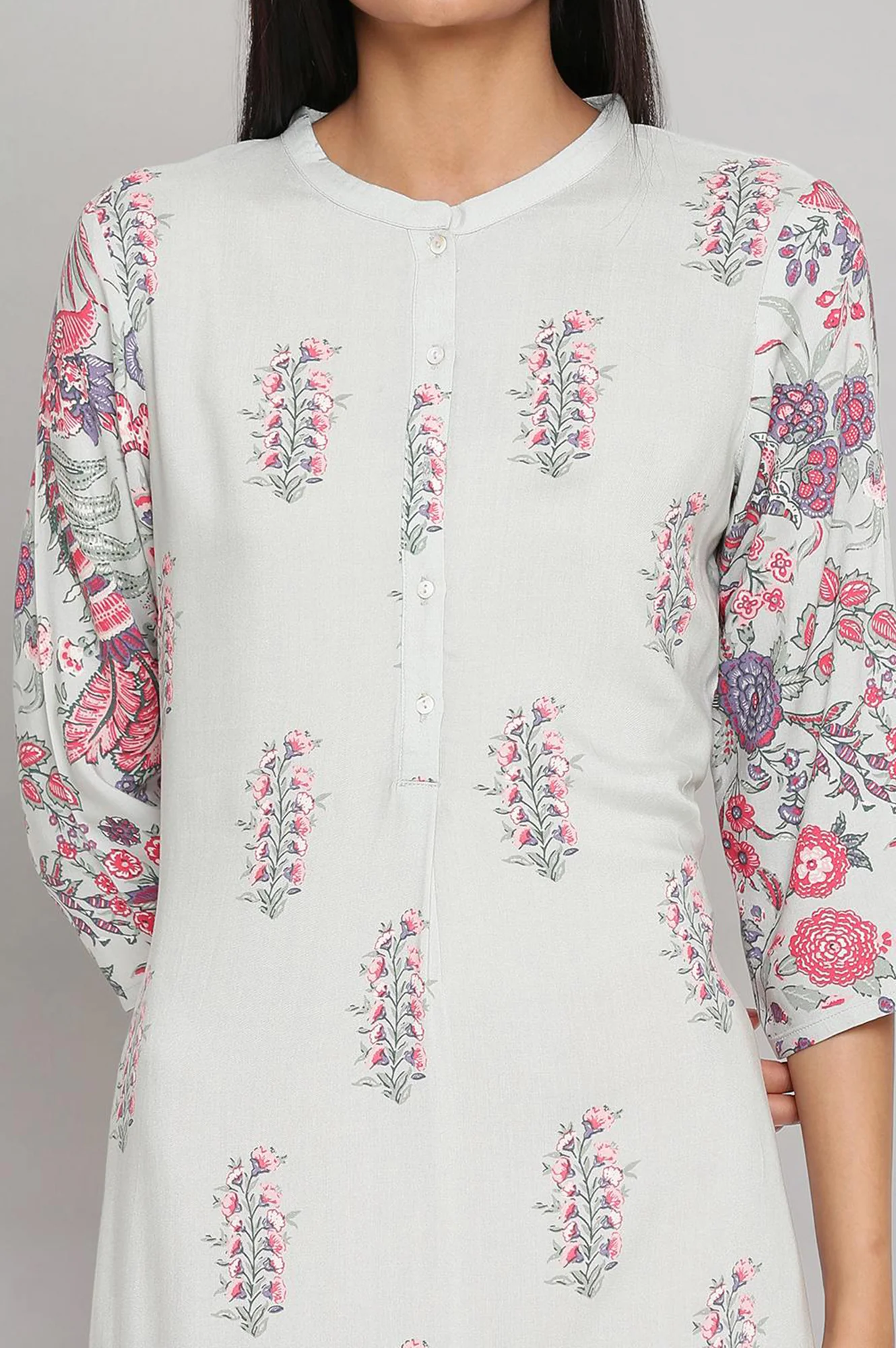 Beige And Green Printed Straight Mandarin Collar Kurta Combo - Image 3