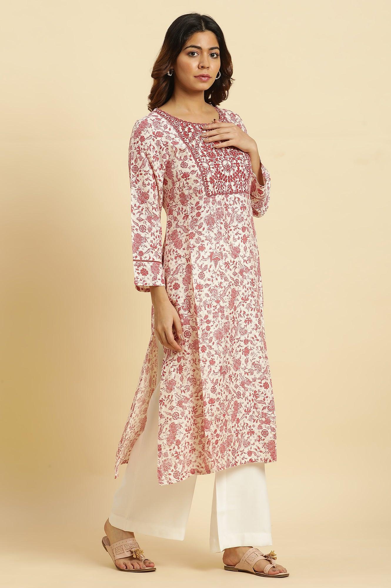 Beige And Red Floral Printed Summer Kurta - Image 5